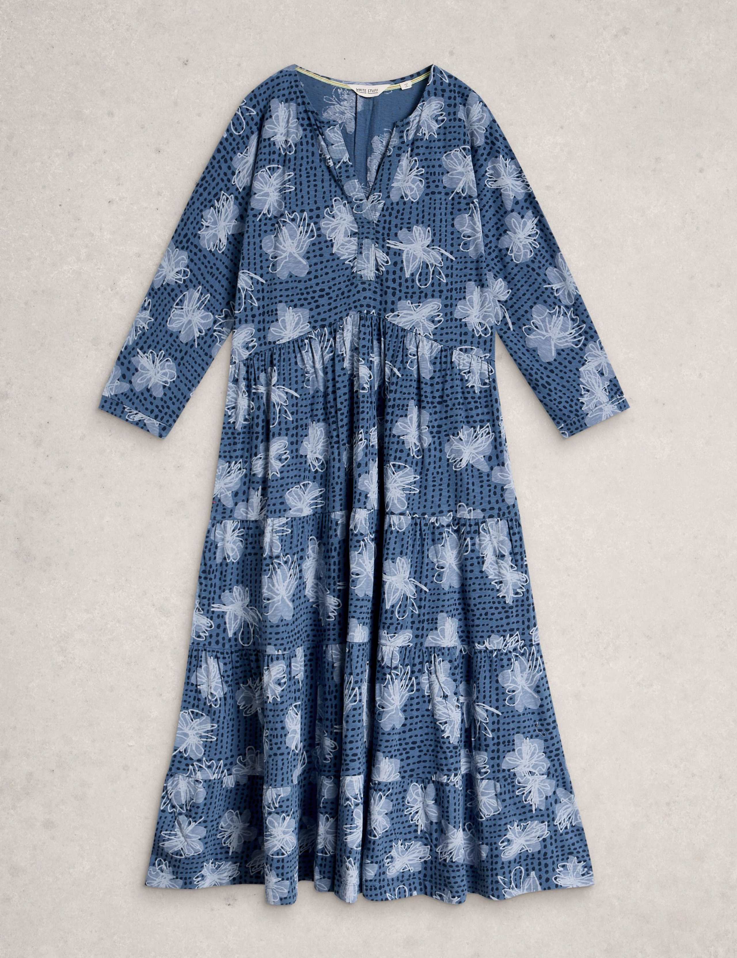 Pure Cotton Floral Notch Neck Midi Tiered Dress 2 of 6