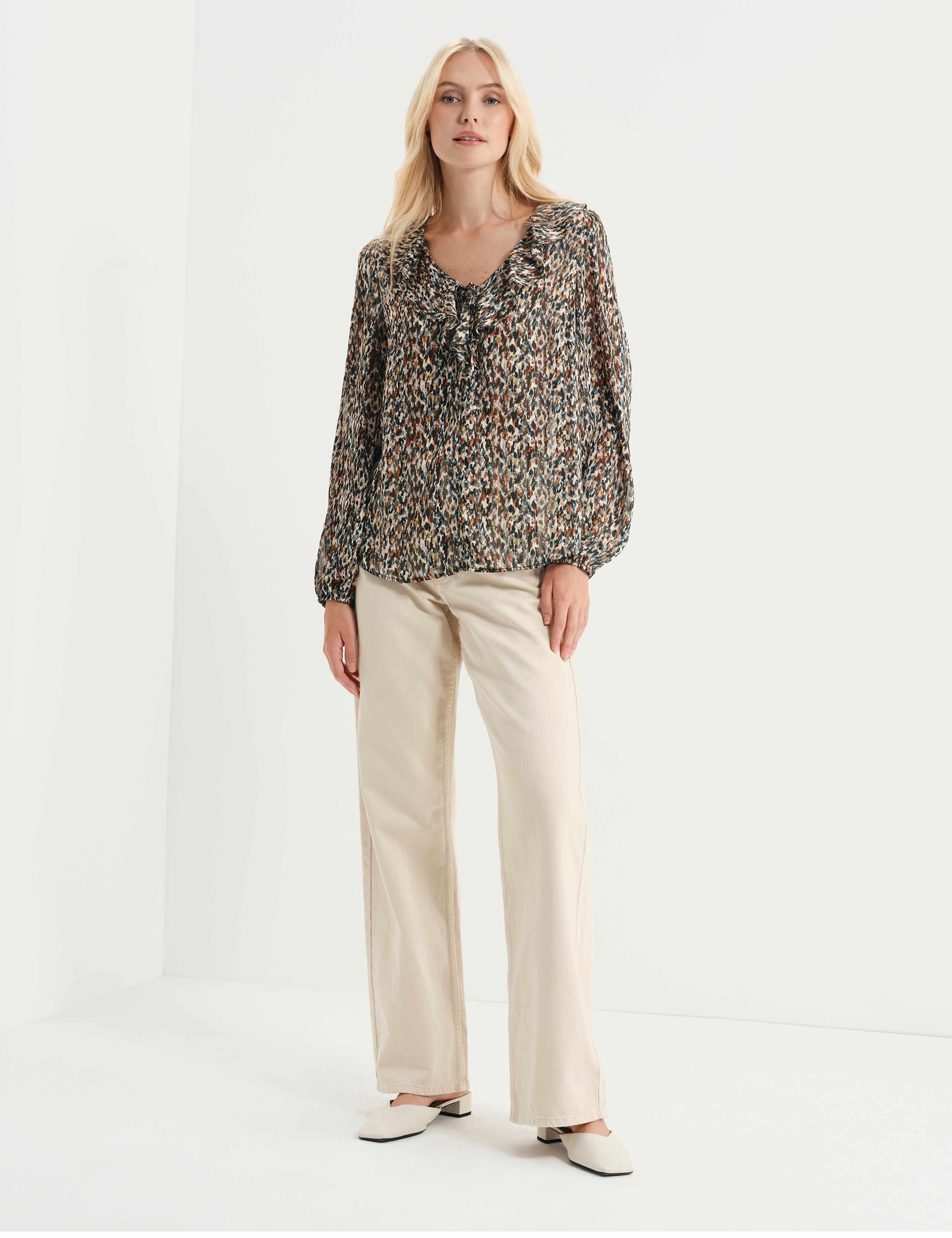 Printed Satin Chiffon Ruffle Blouse 3 of 7