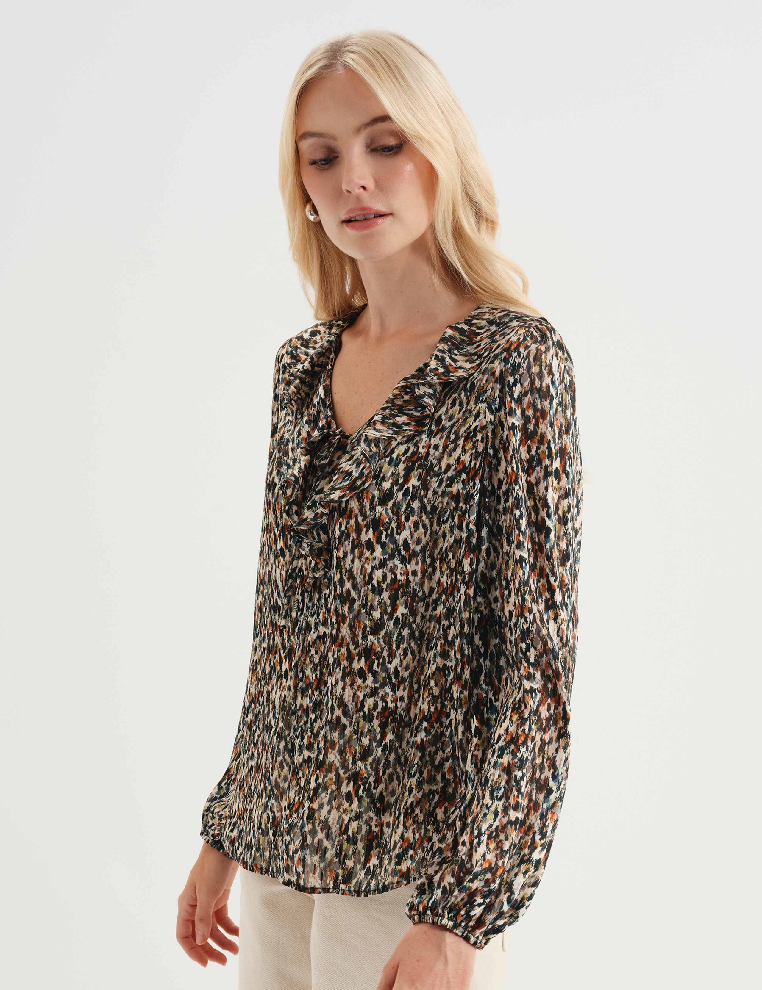 Printed Satin Chiffon Ruffle Blouse 6 of 7