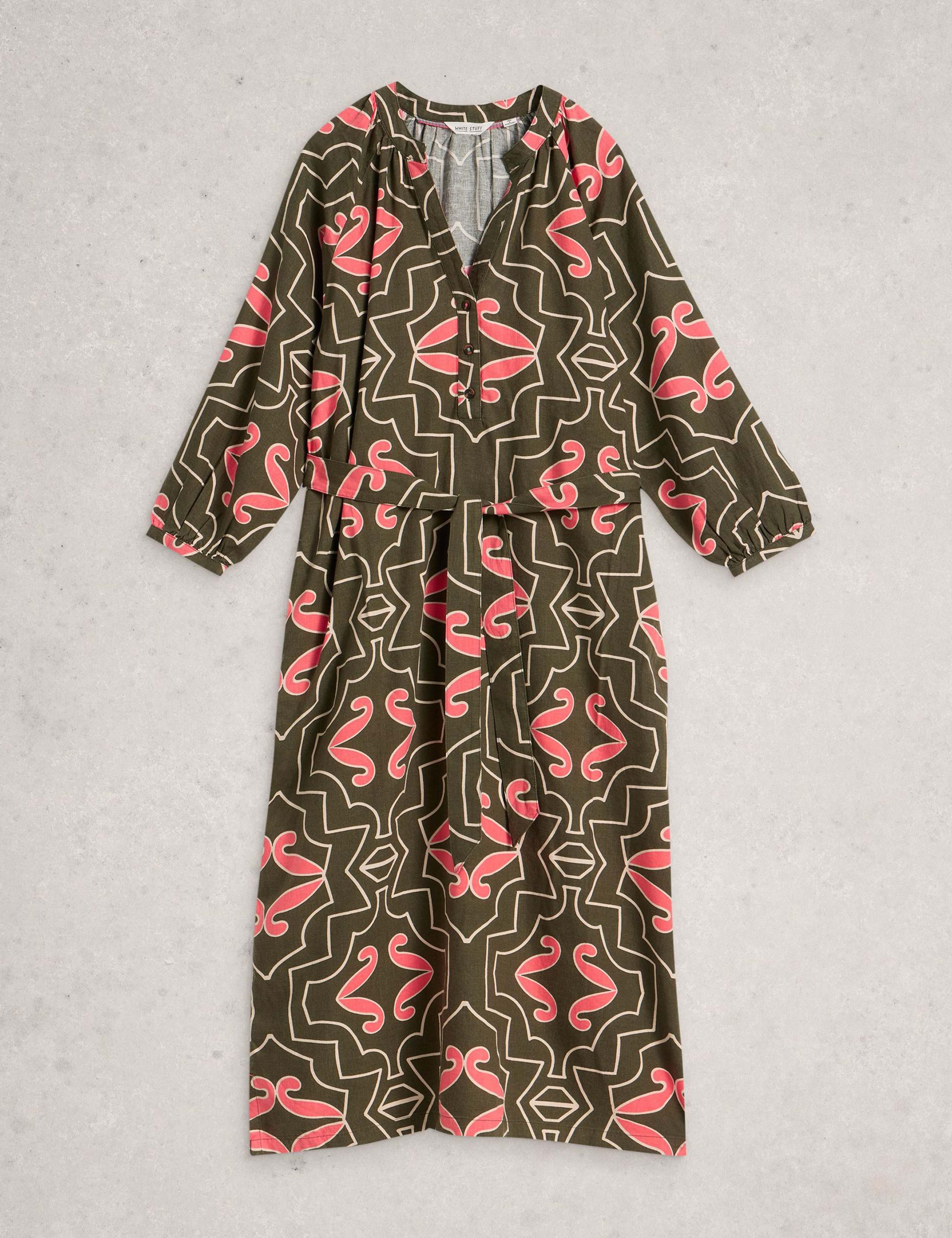 Linen Blend Printed Midi Tea Dress 2 of 6