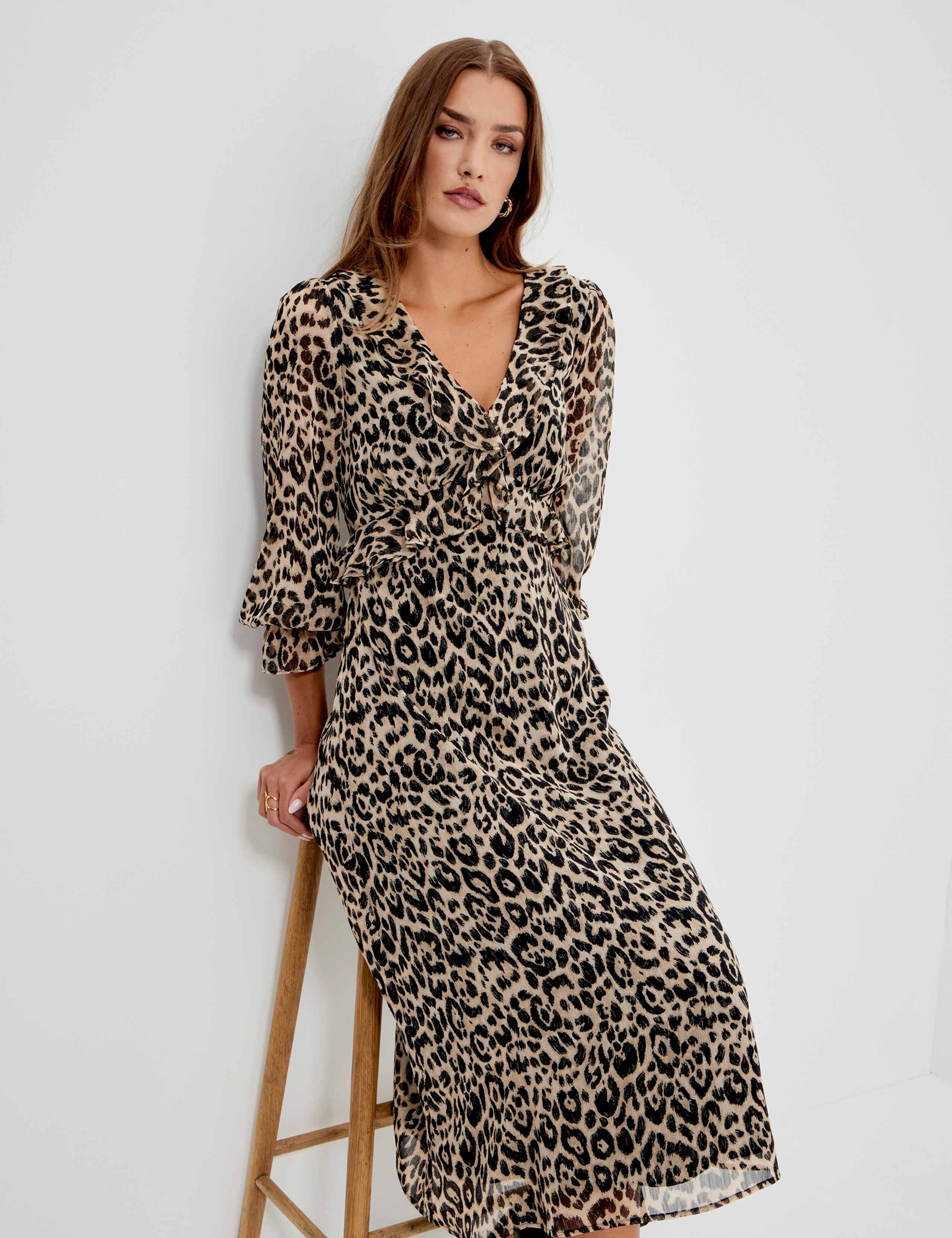 Chiffon Animal Print V Neck Ruffle Midi Dress 1 of 12