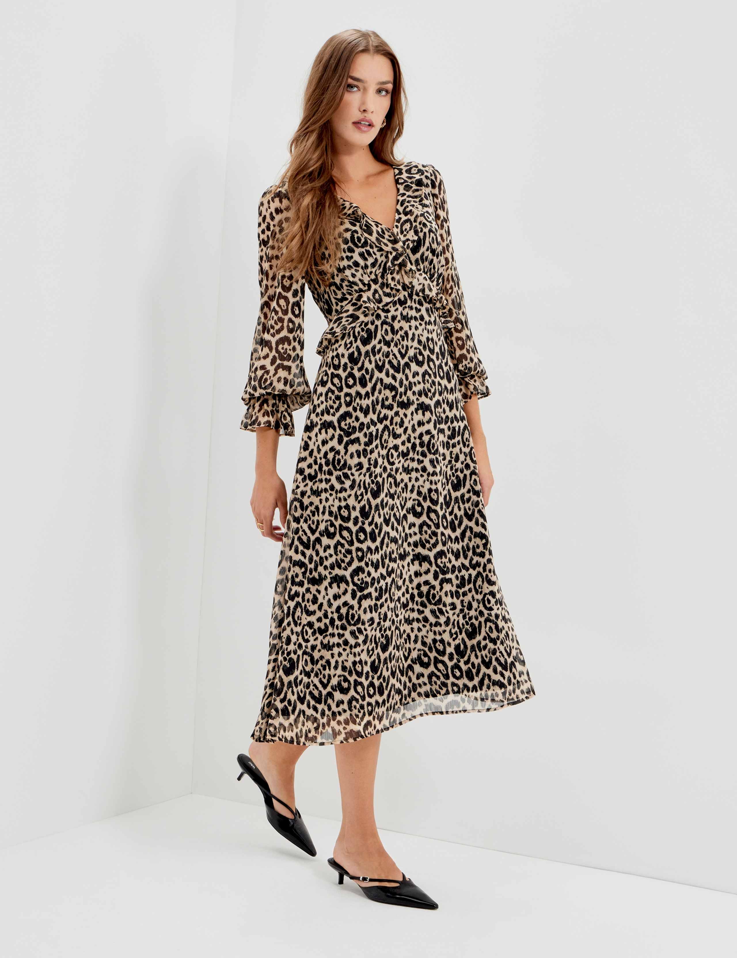 Chiffon Animal Print V Neck Ruffle Midi Dress 2 of 12