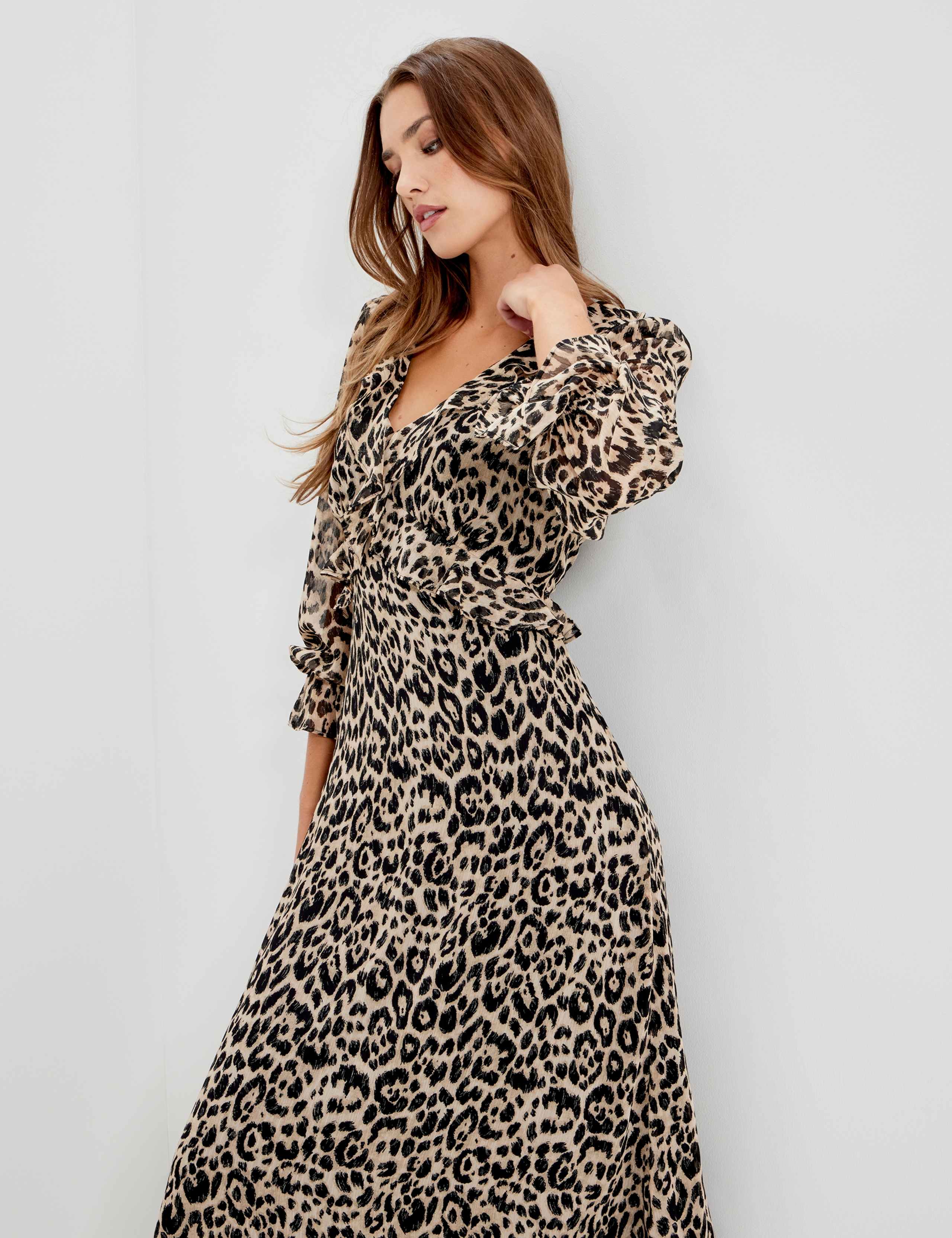Chiffon Animal Print V Neck Ruffle Midi Dress 11 of 12