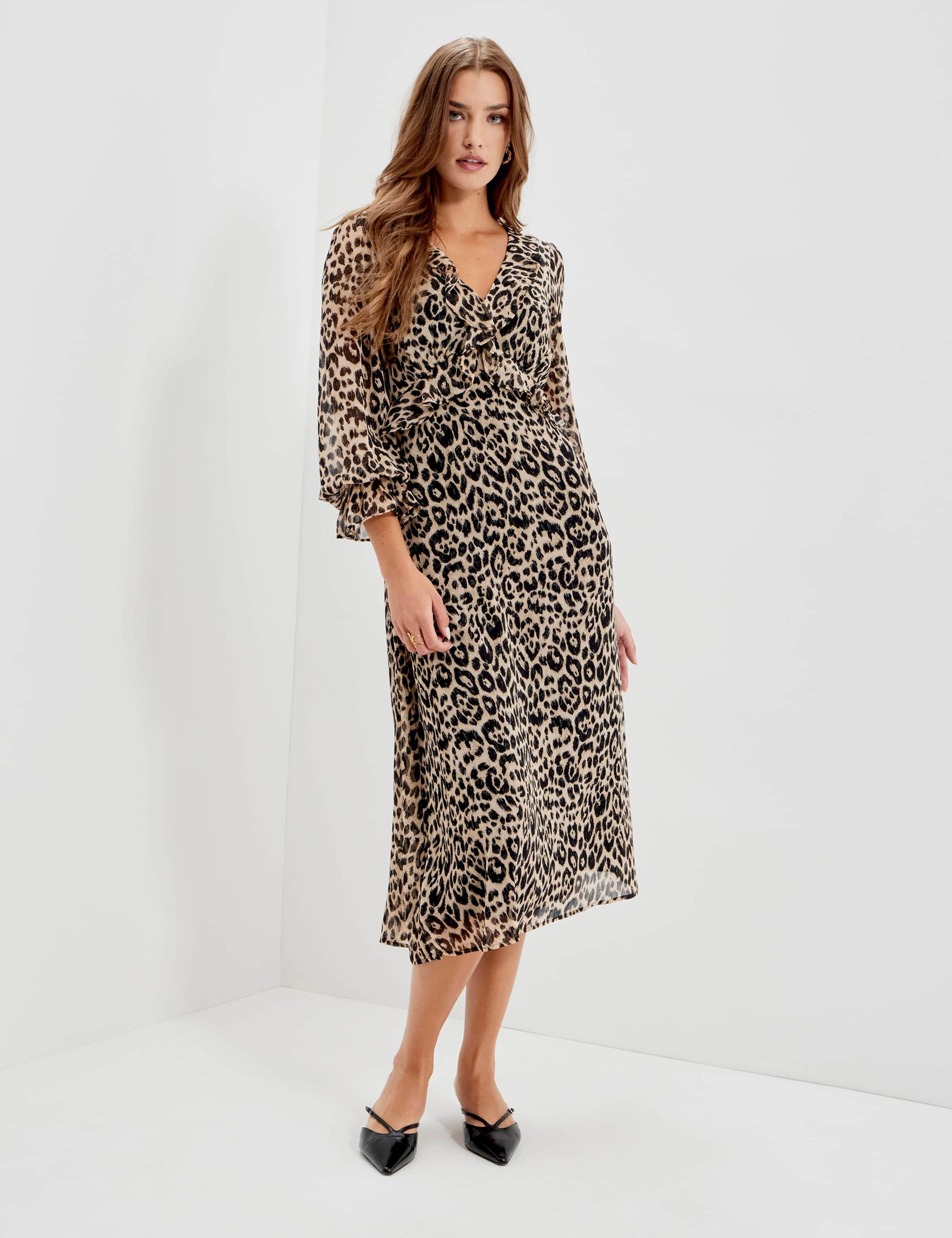 Chiffon Animal Print V Neck Ruffle Midi Dress 12 of 12