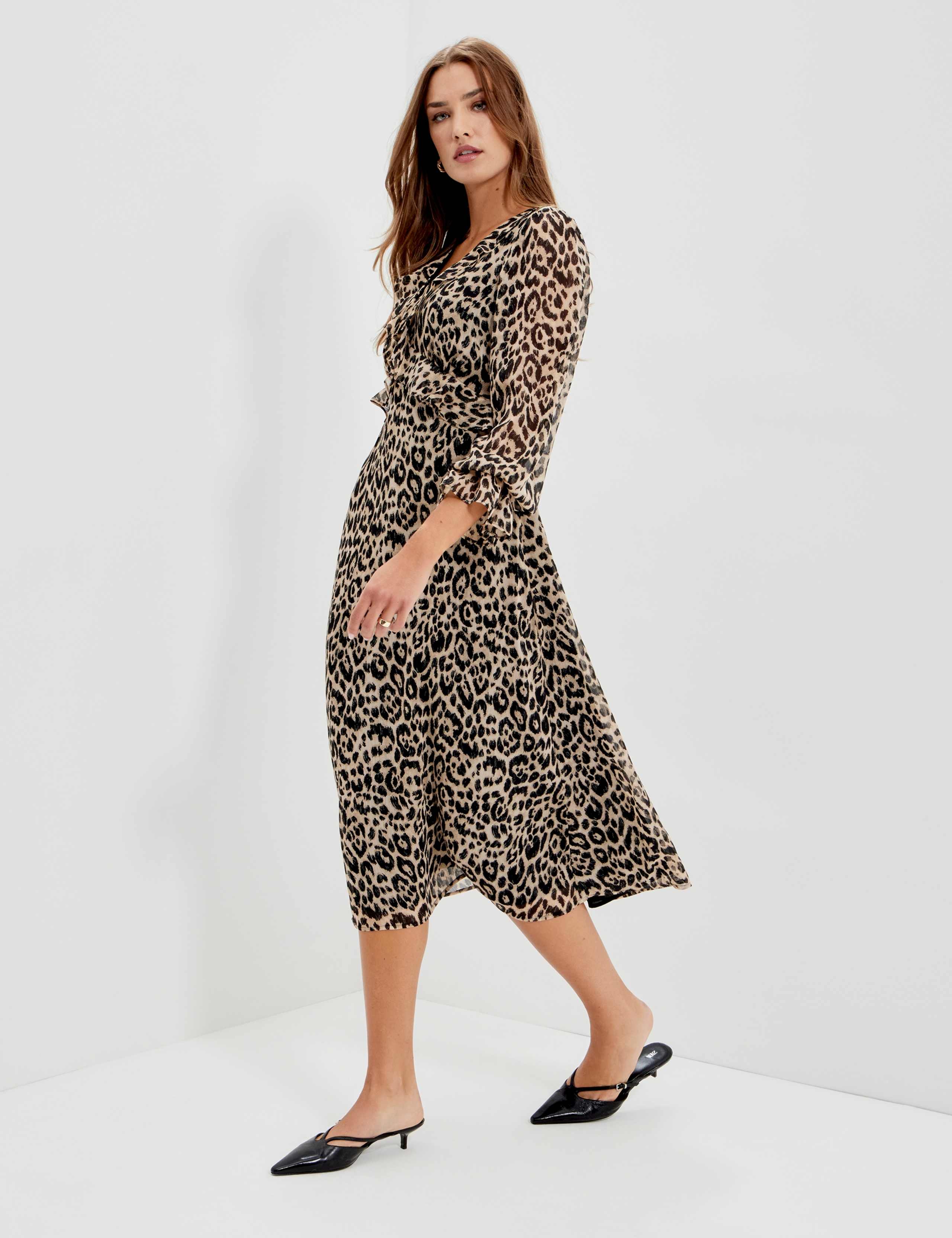 Chiffon Animal Print V Neck Ruffle Midi Dress 4 of 12