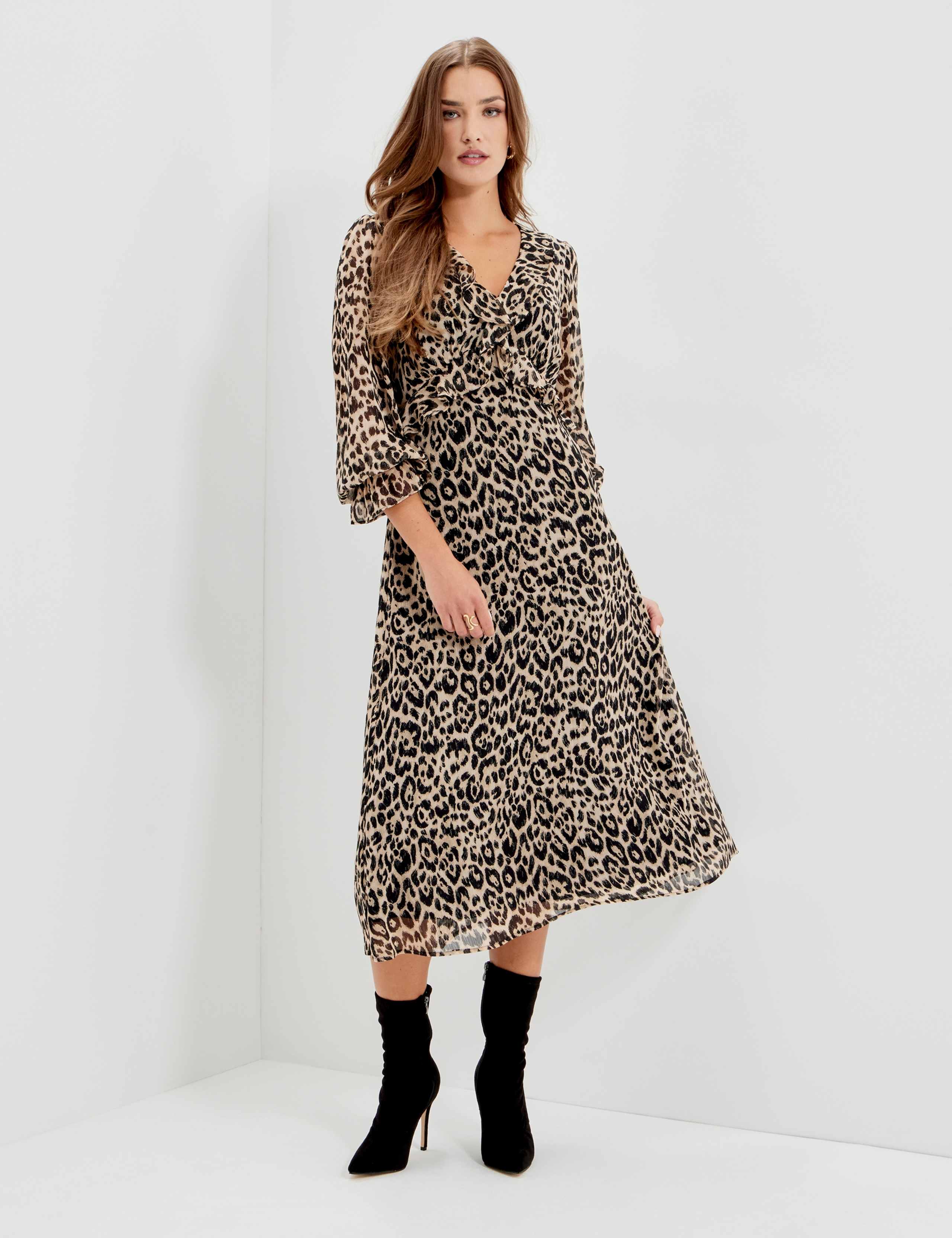 Chiffon Animal Print V Neck Ruffle Midi Dress 6 of 12