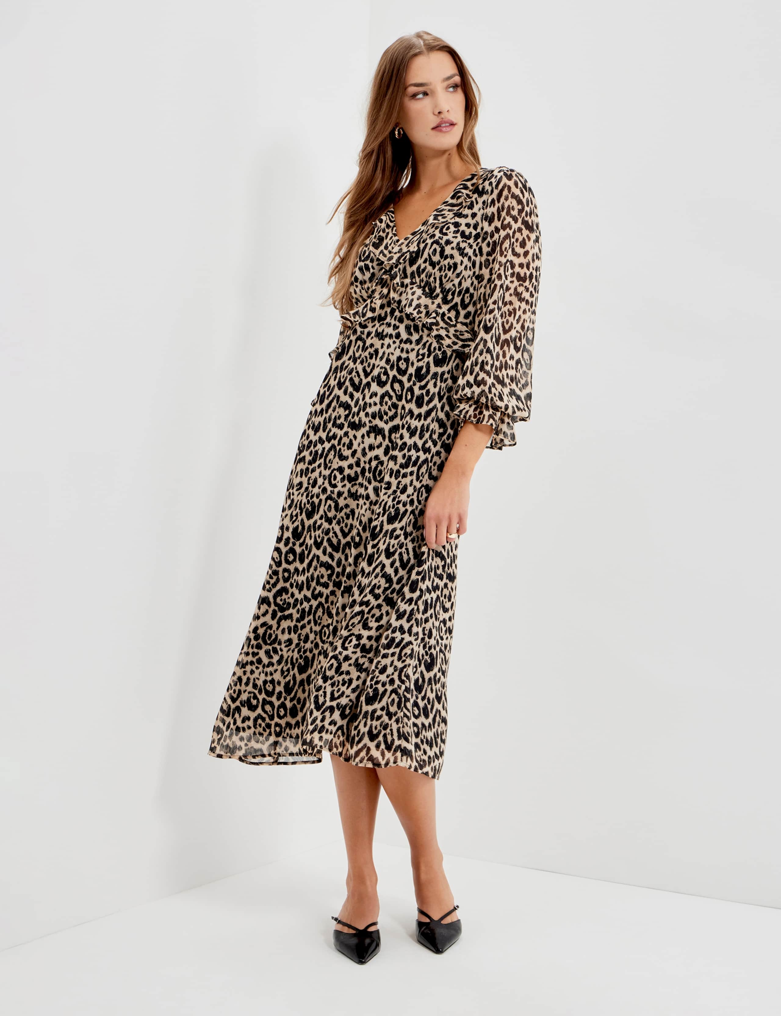 Chiffon Animal Print V Neck Ruffle Midi Dress 10 of 12