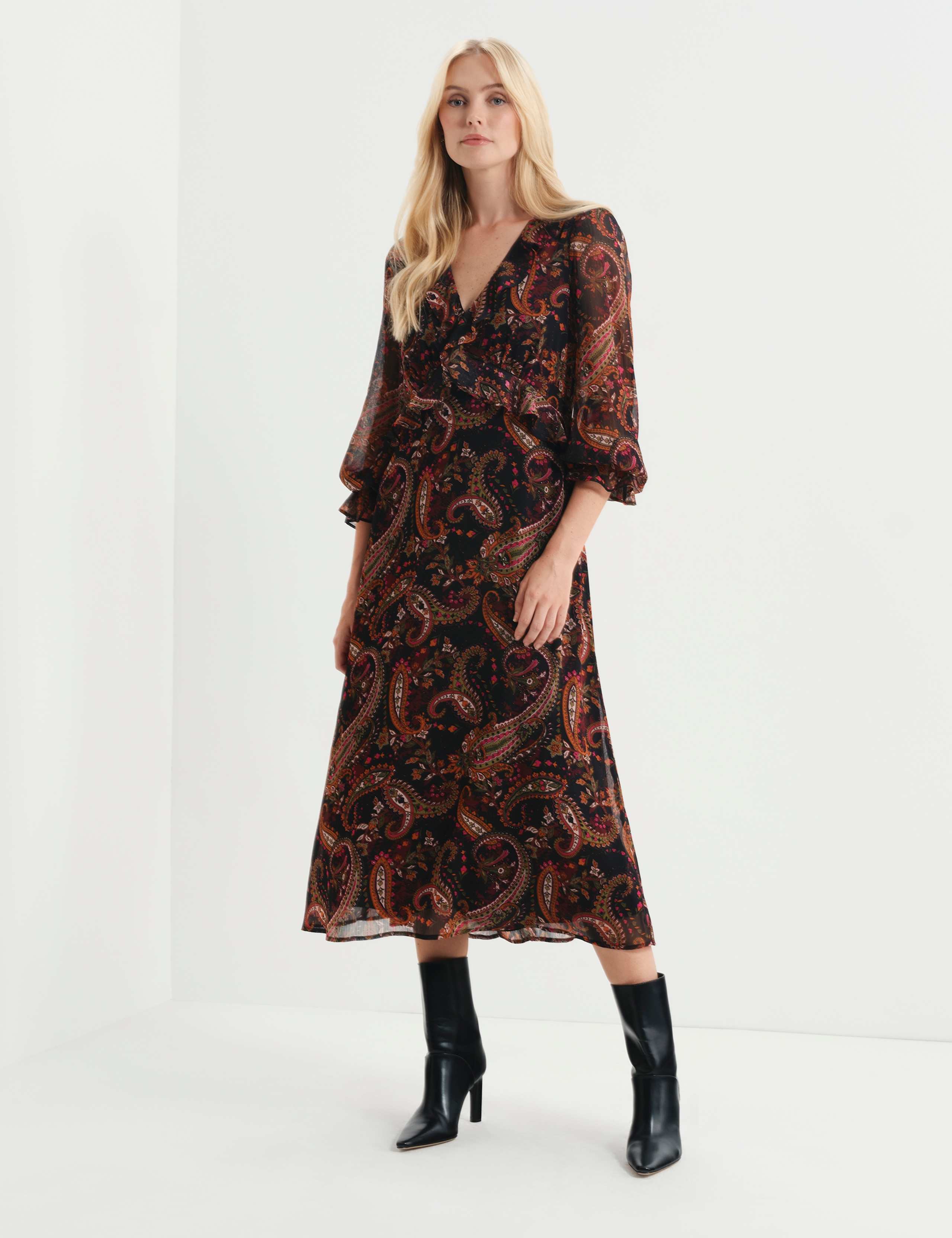 Chiffon Paisley Ruffle Midi Tea Dress 1 of 8