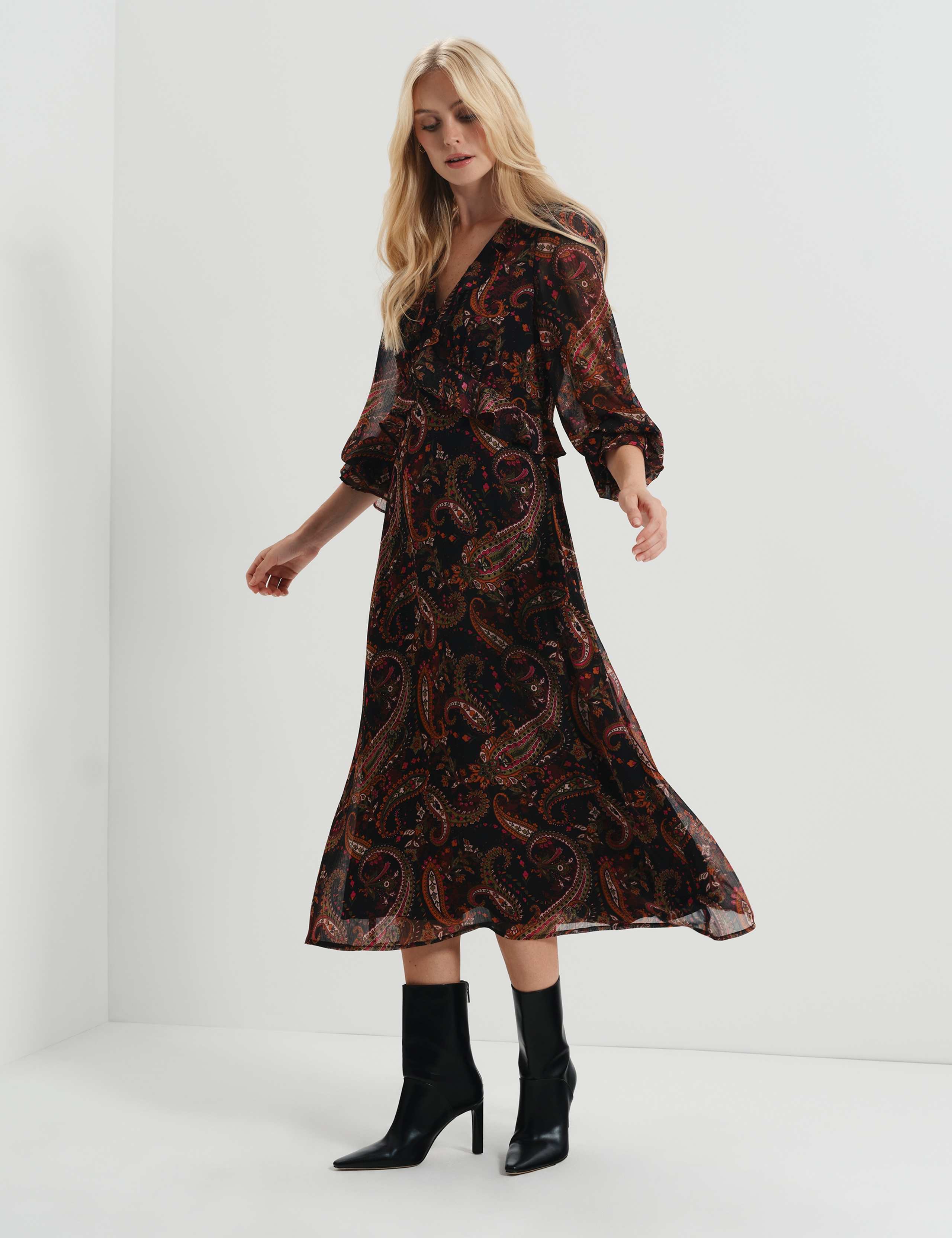 Chiffon Paisley Ruffle Midi Tea Dress 2 of 8