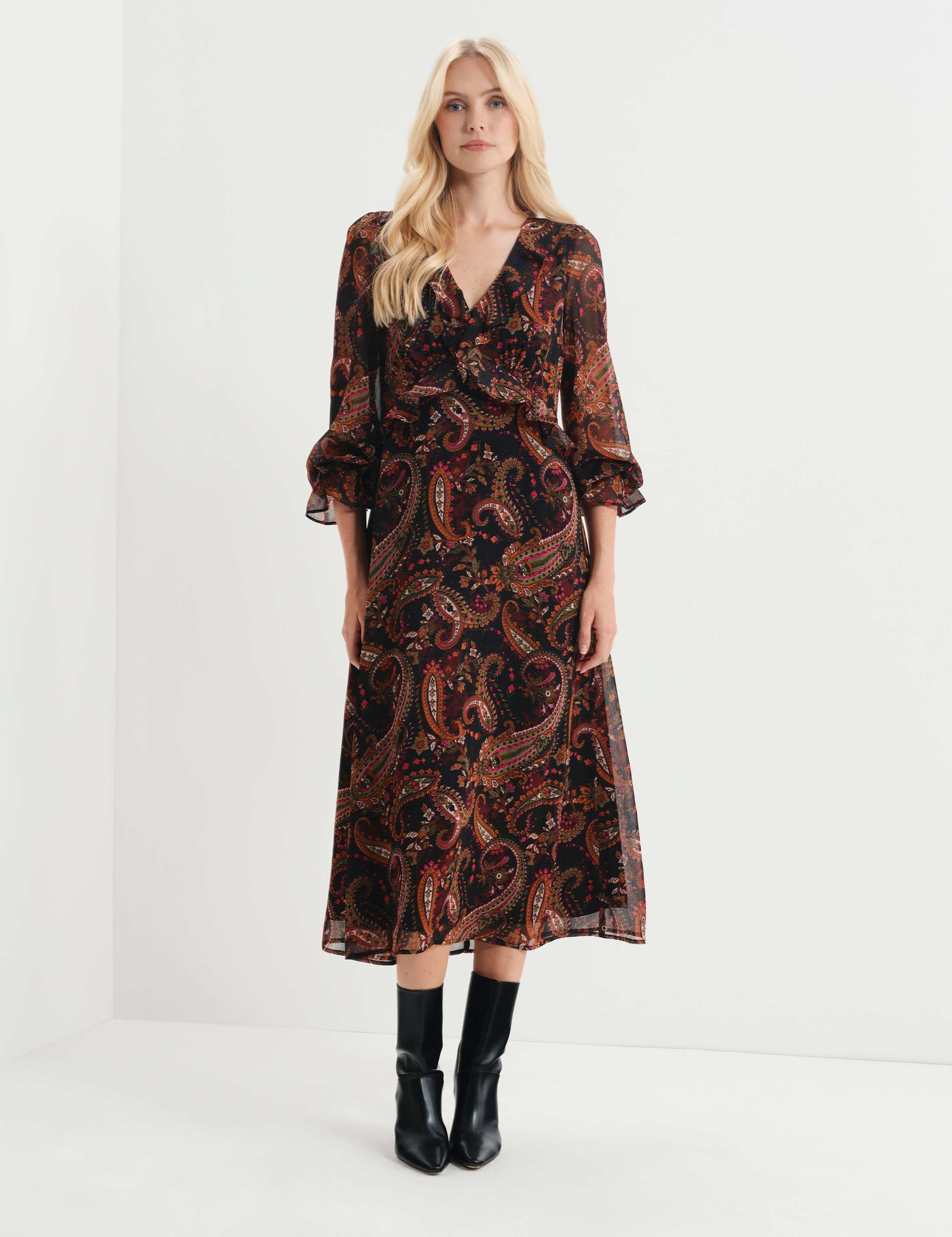 Chiffon Paisley Ruffle Midi Tea Dress 3 of 8