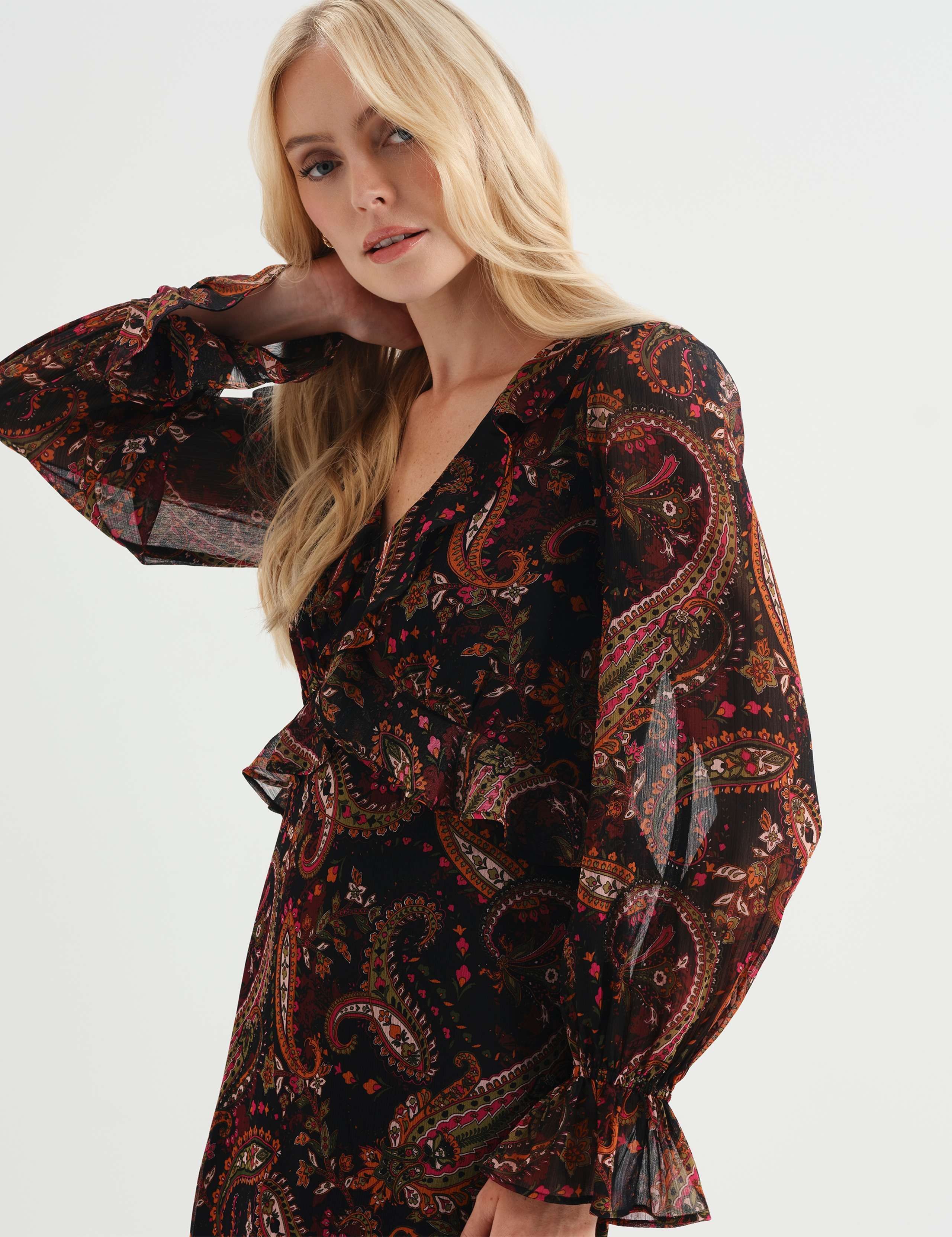 Chiffon Paisley Ruffle Midi Tea Dress 4 of 8