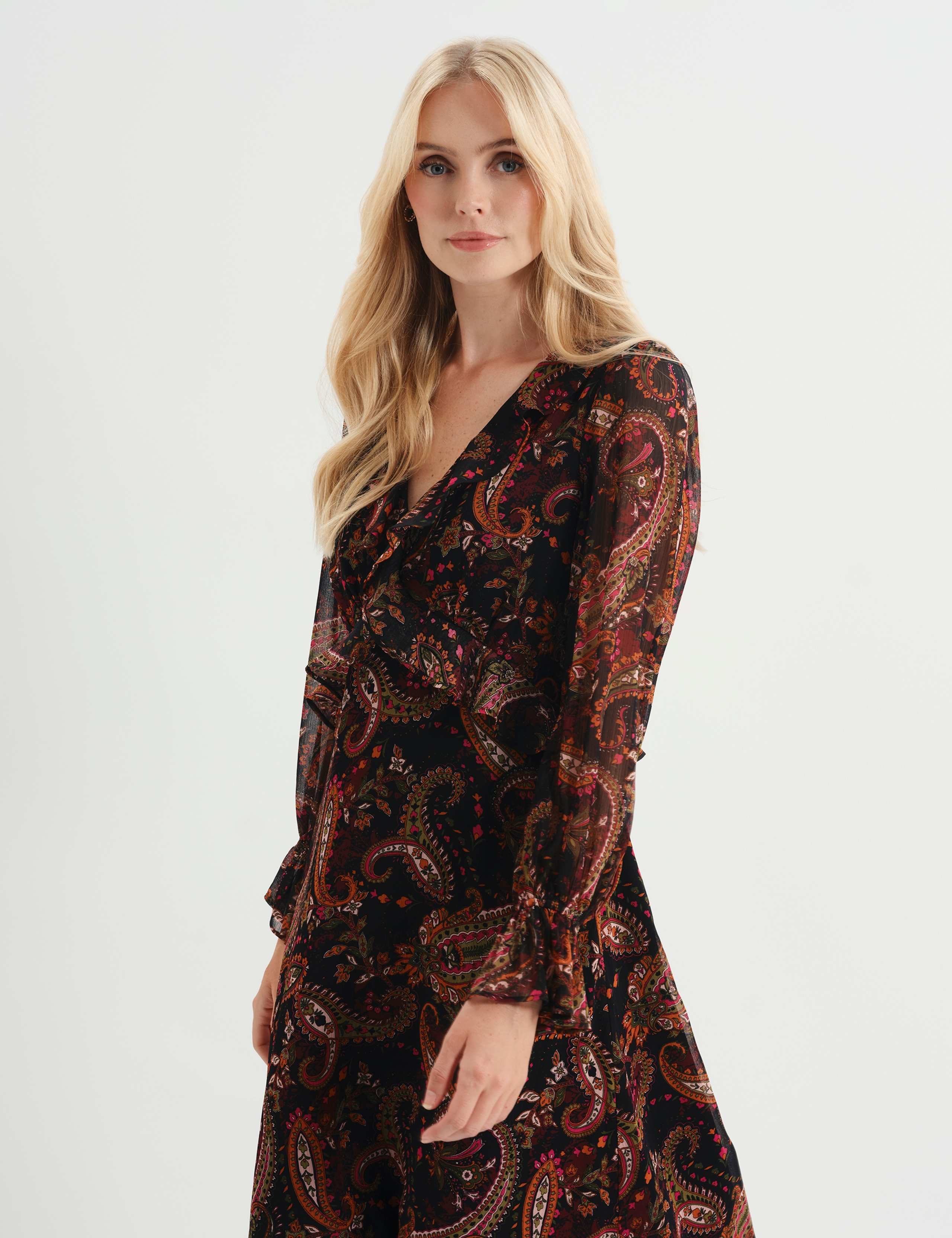 Chiffon Paisley Ruffle Midi Tea Dress 6 of 8