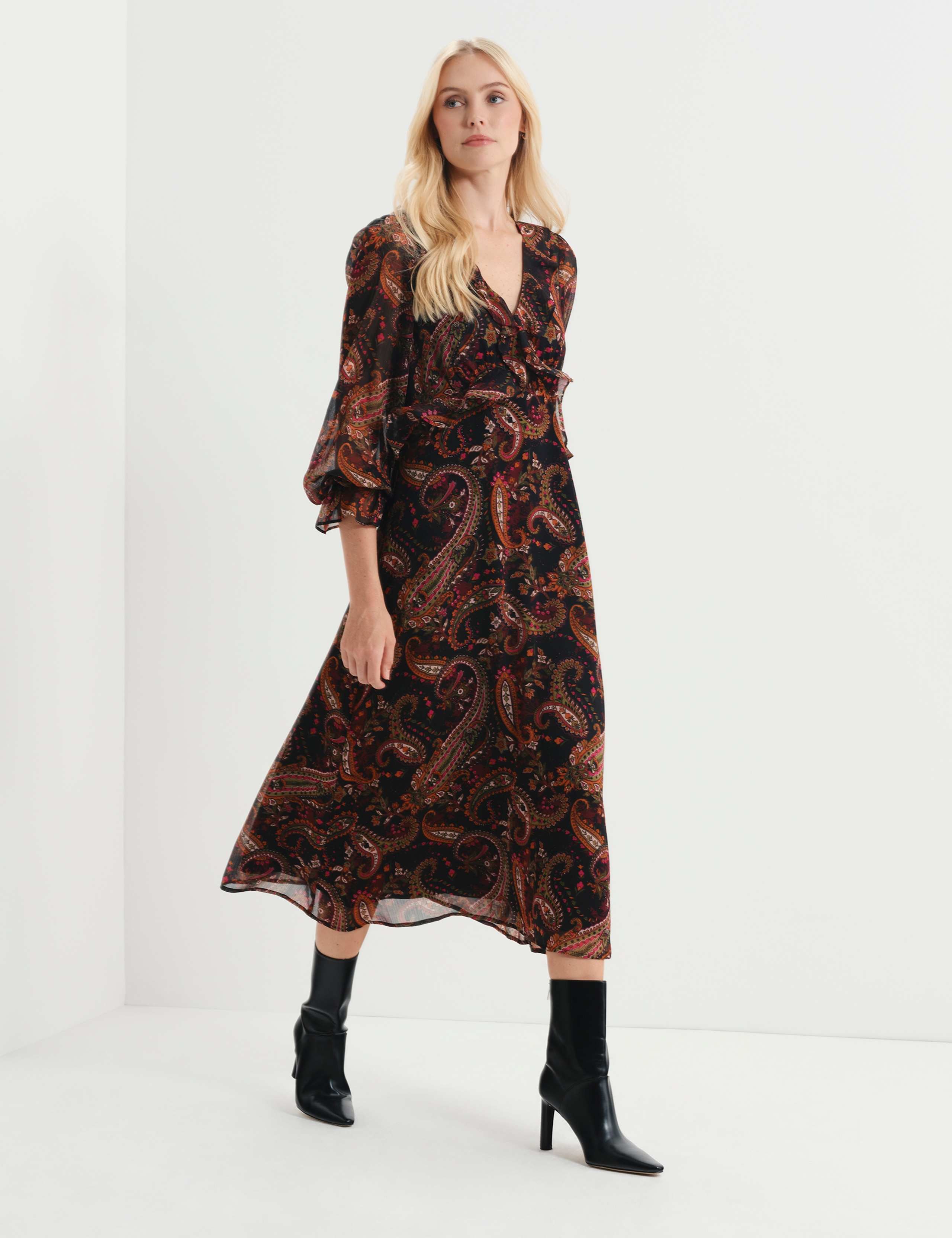 Chiffon Paisley Ruffle Midi Tea Dress 7 of 8