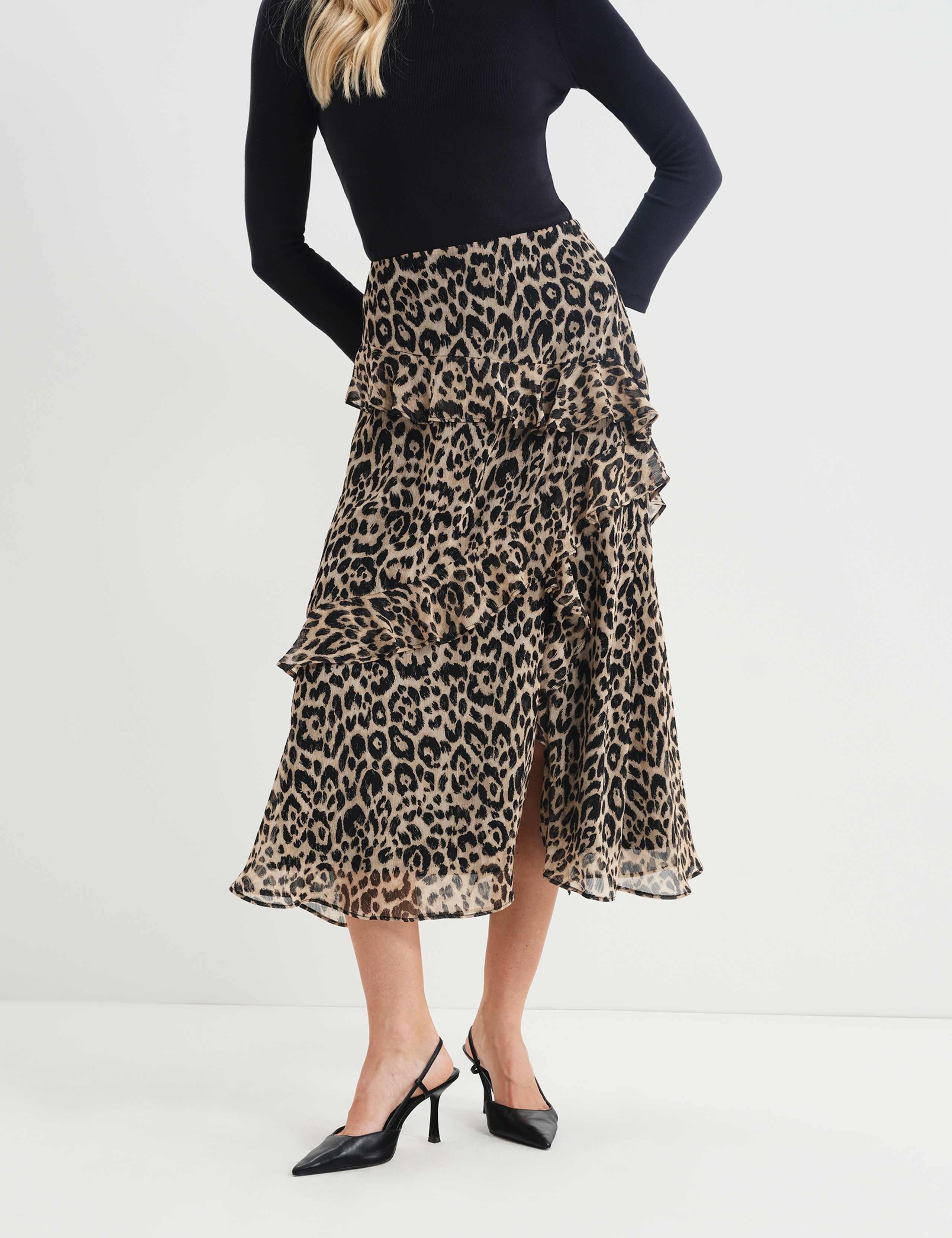 Leopard Print Asymmetric Ruffle Midi Tiered Skirt 1 of 9