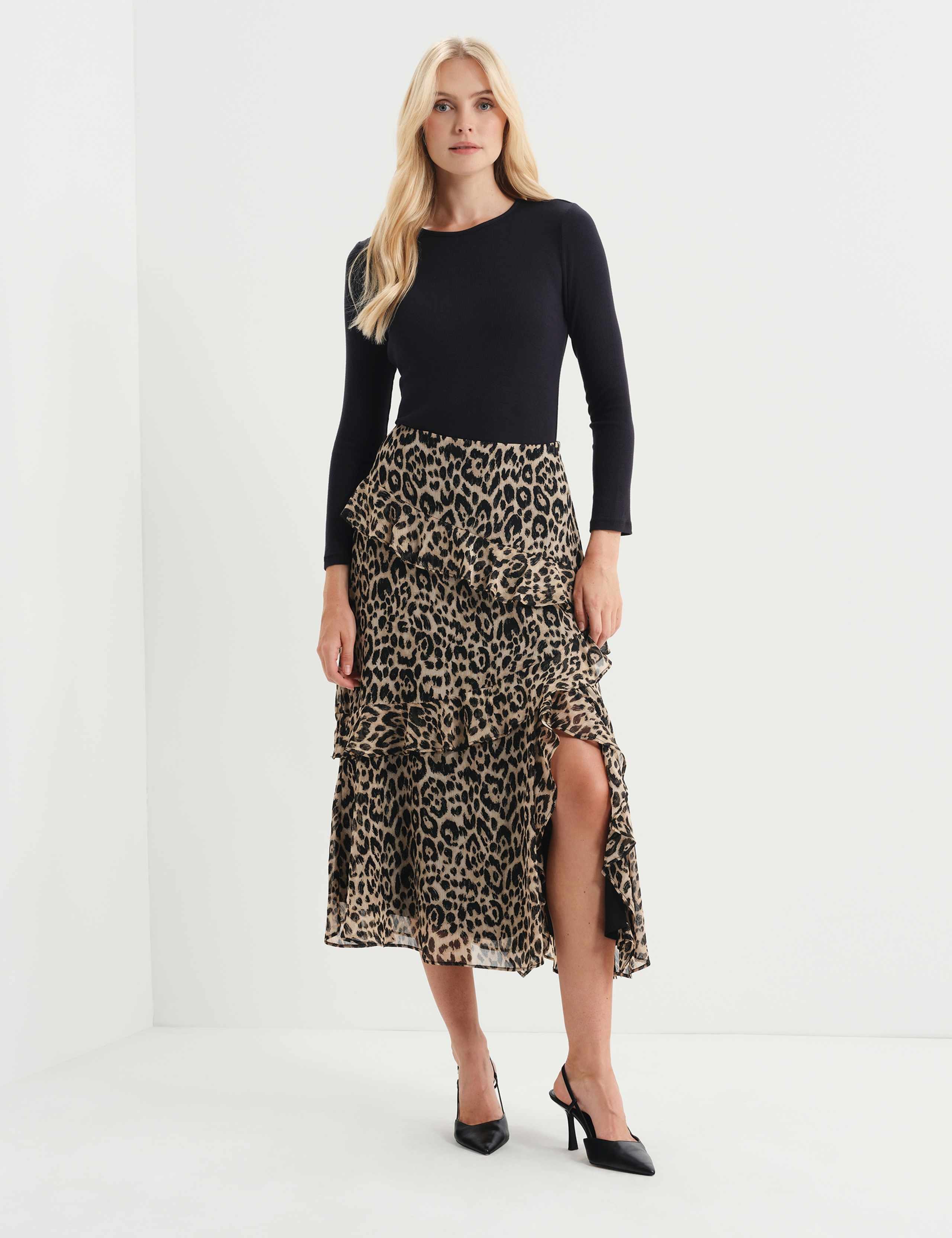 Leopard Print Asymmetric Ruffle Midi Tiered Skirt 2 of 9