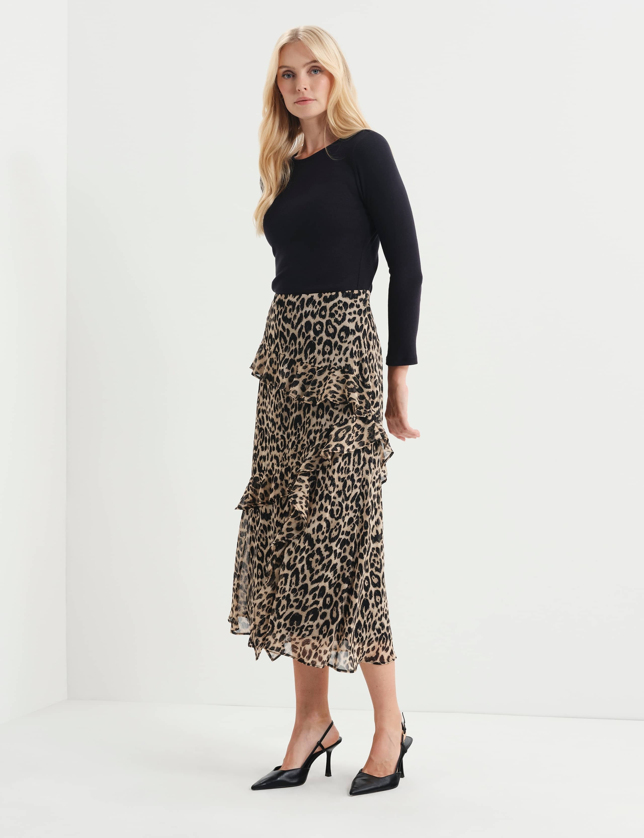 Leopard Print Asymmetric Ruffle Midi Tiered Skirt 3 of 9