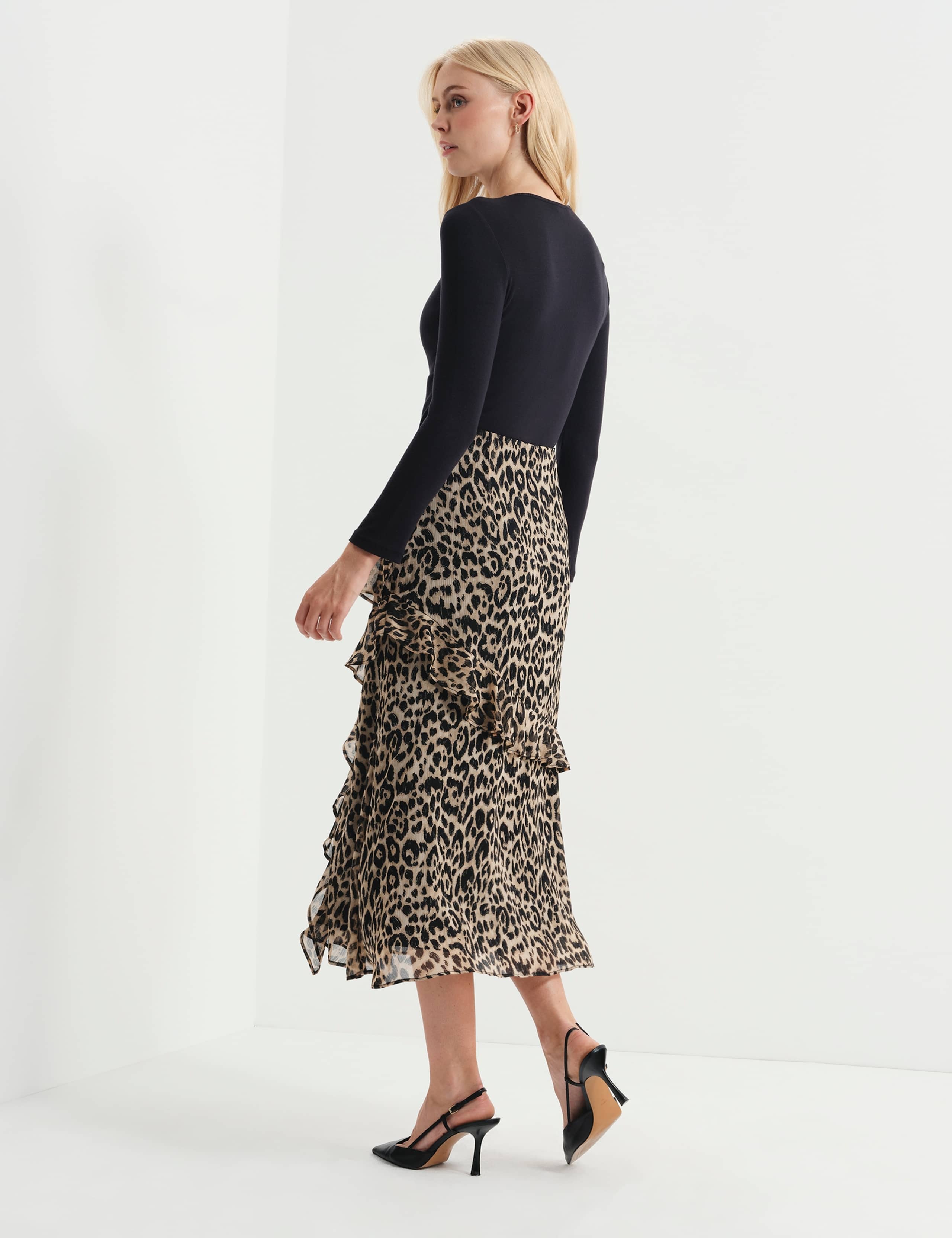 Leopard Print Asymmetric Ruffle Midi Tiered Skirt 4 of 9