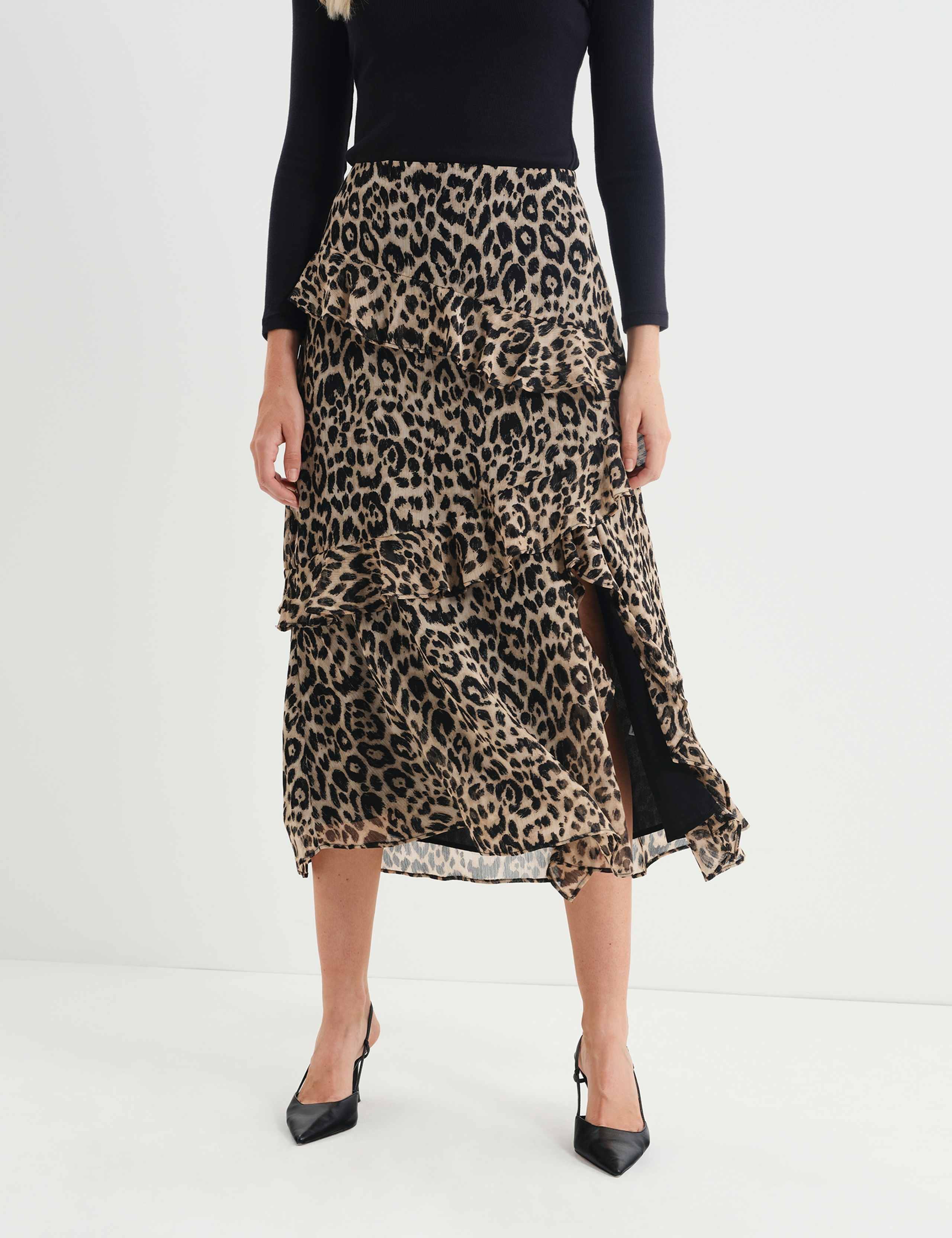 Leopard Print Asymmetric Ruffle Midi Tiered Skirt 6 of 9