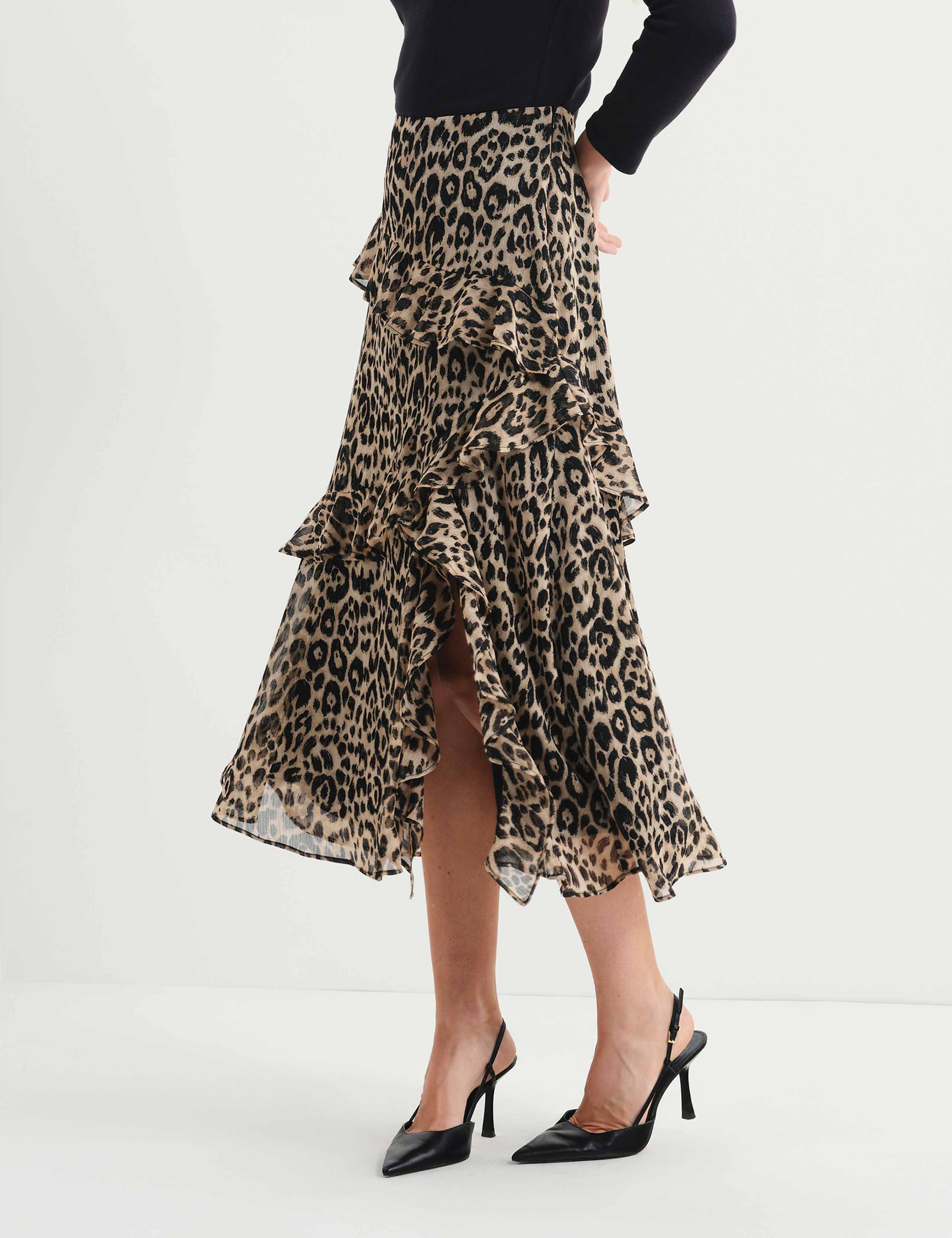 Leopard Print Asymmetric Ruffle Midi Tiered Skirt 7 of 9