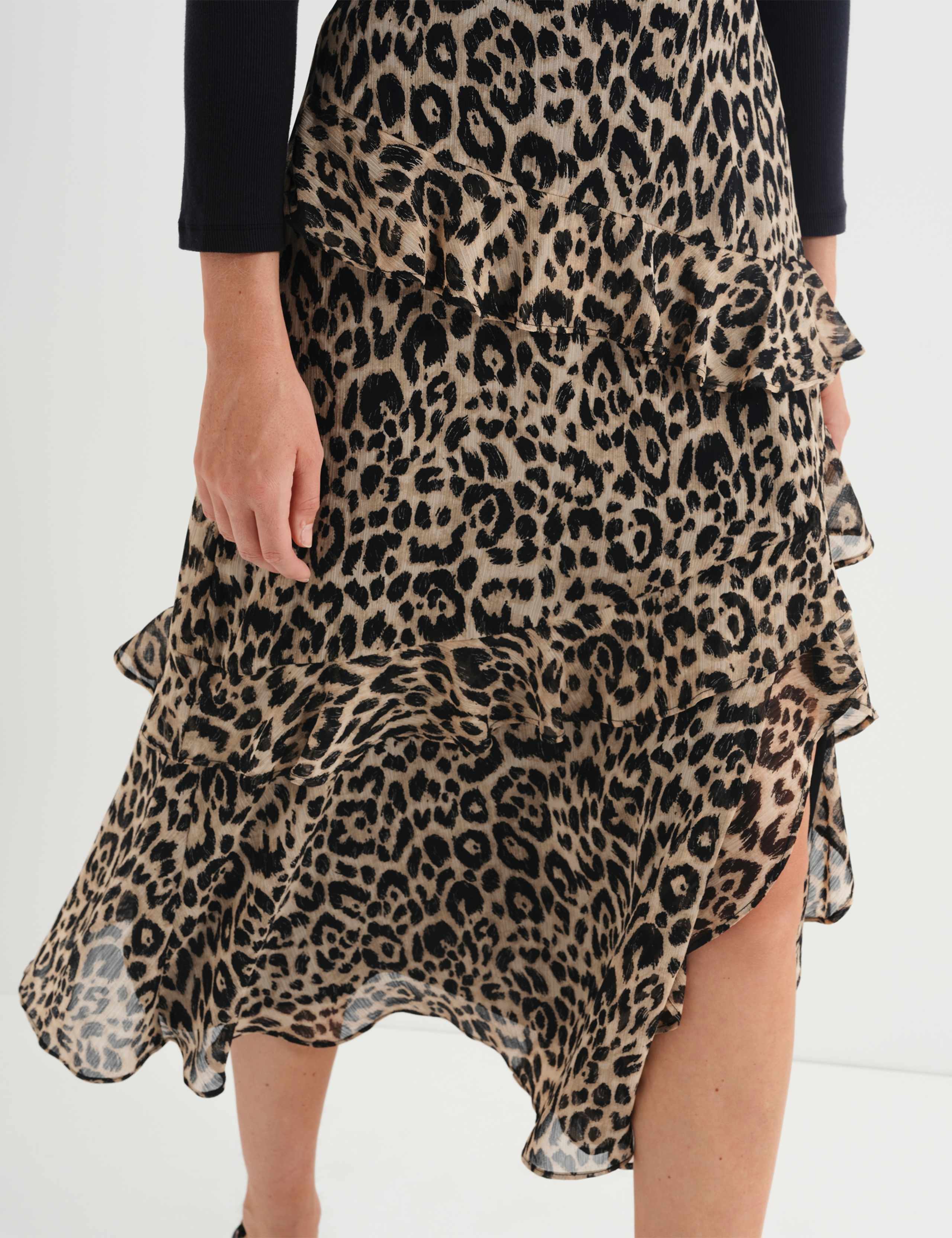 Leopard Print Asymmetric Ruffle Midi Tiered Skirt 8 of 9