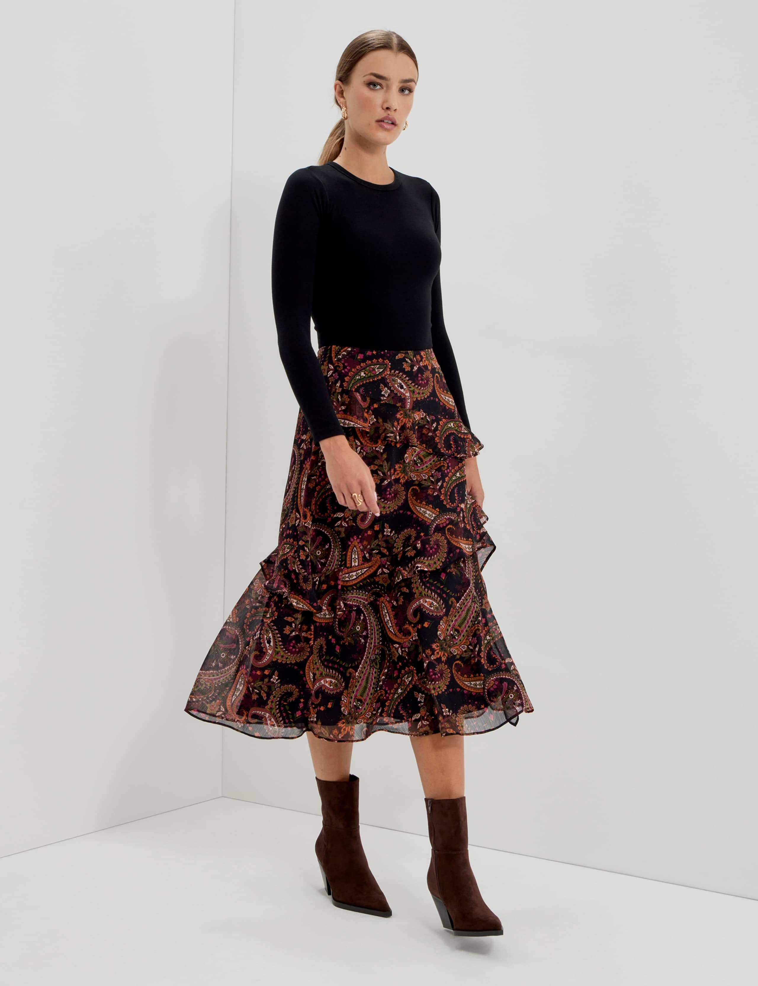 Chiffon Paisley Ruffle Midi Tiered Skirt 2 of 11