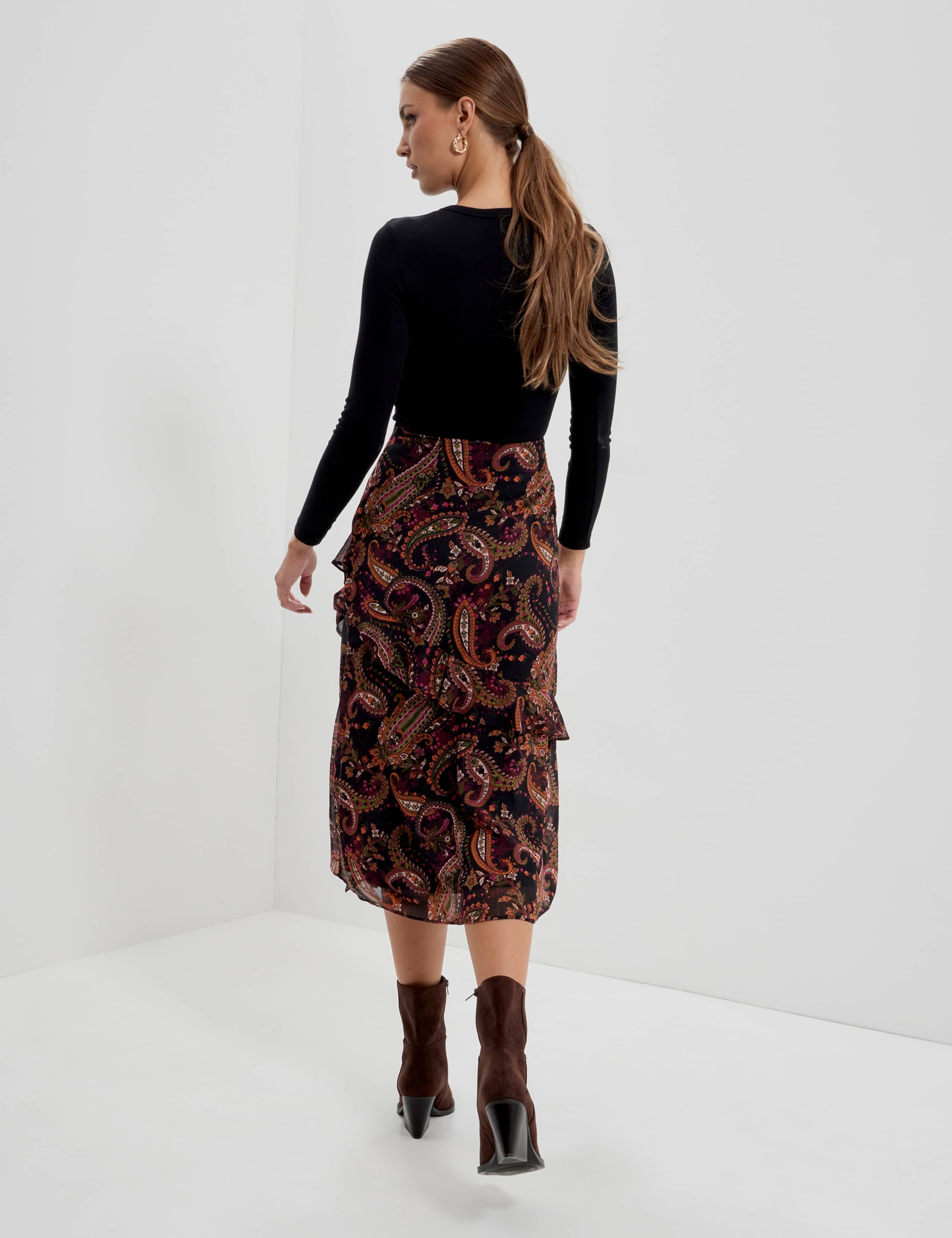 Chiffon Paisley Ruffle Midi Tiered Skirt 3 of 11