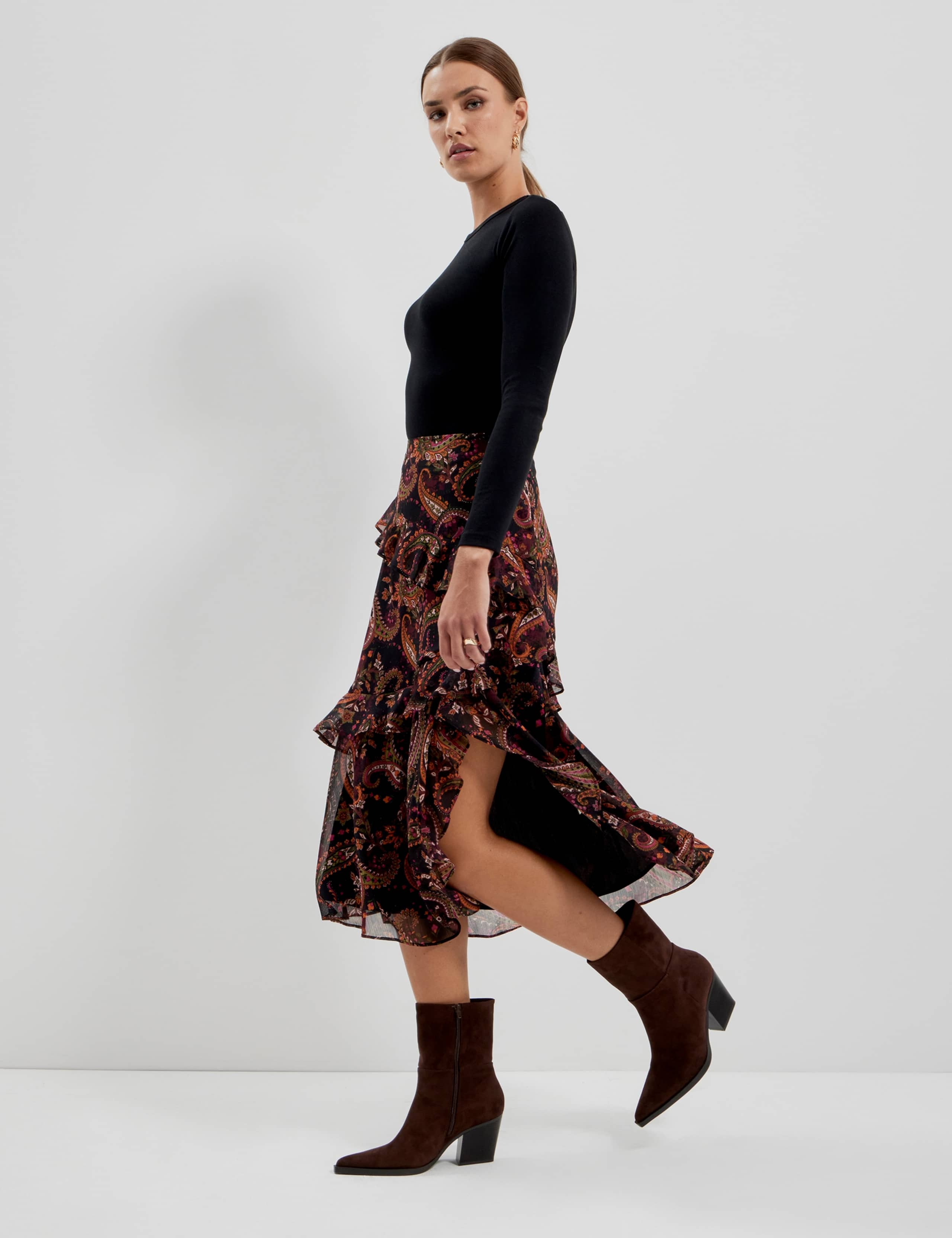 Chiffon Paisley Ruffle Midi Tiered Skirt 4 of 11
