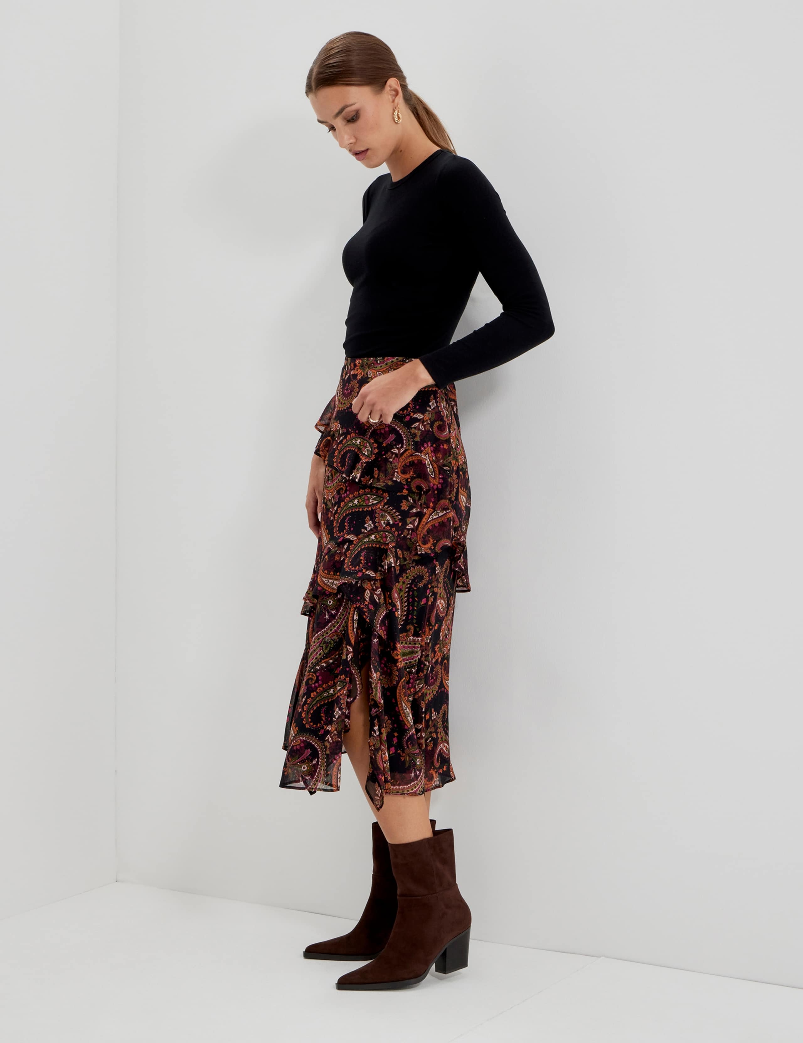 Chiffon Paisley Ruffle Midi Tiered Skirt 5 of 11