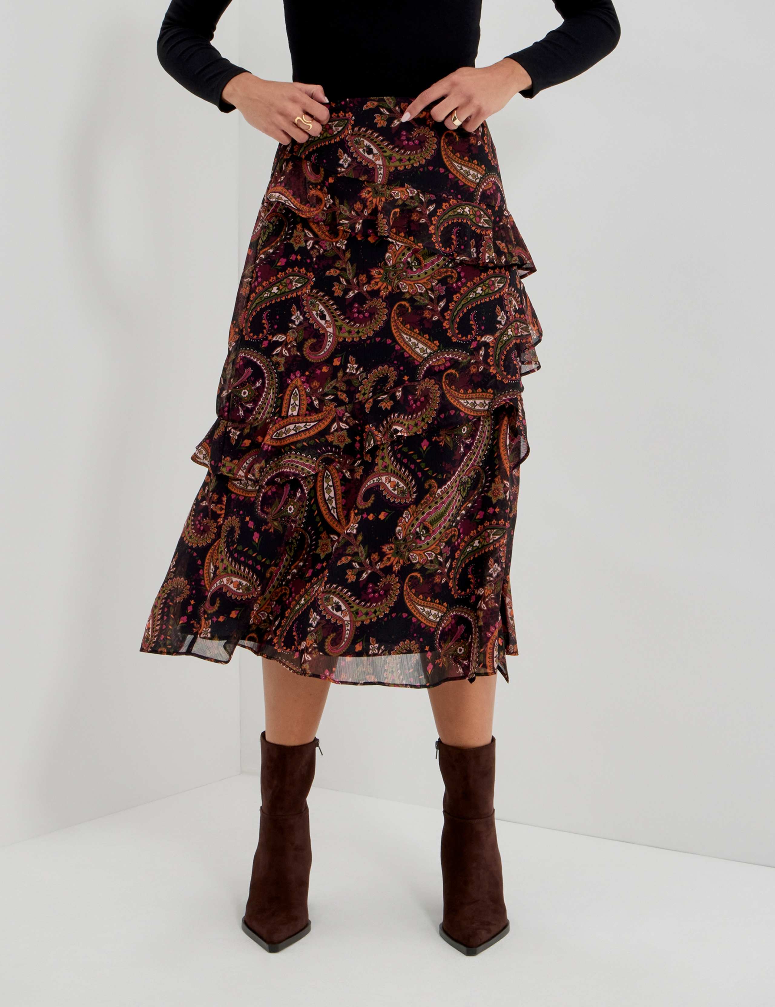 Chiffon Paisley Ruffle Midi Tiered Skirt 6 of 11