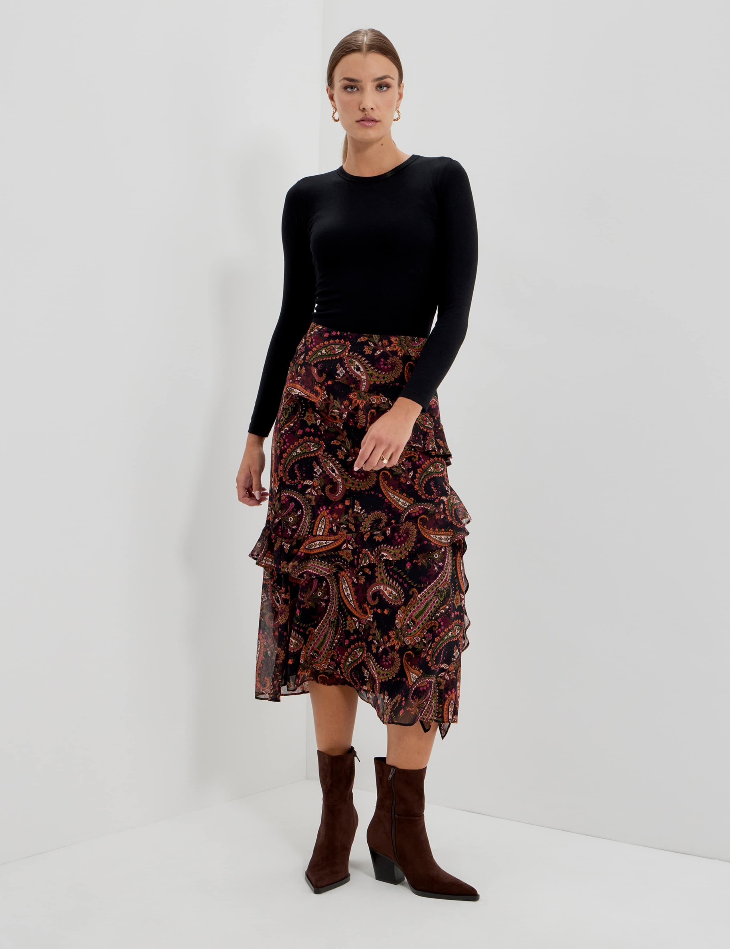 Chiffon Paisley Ruffle Midi Tiered Skirt 7 of 11