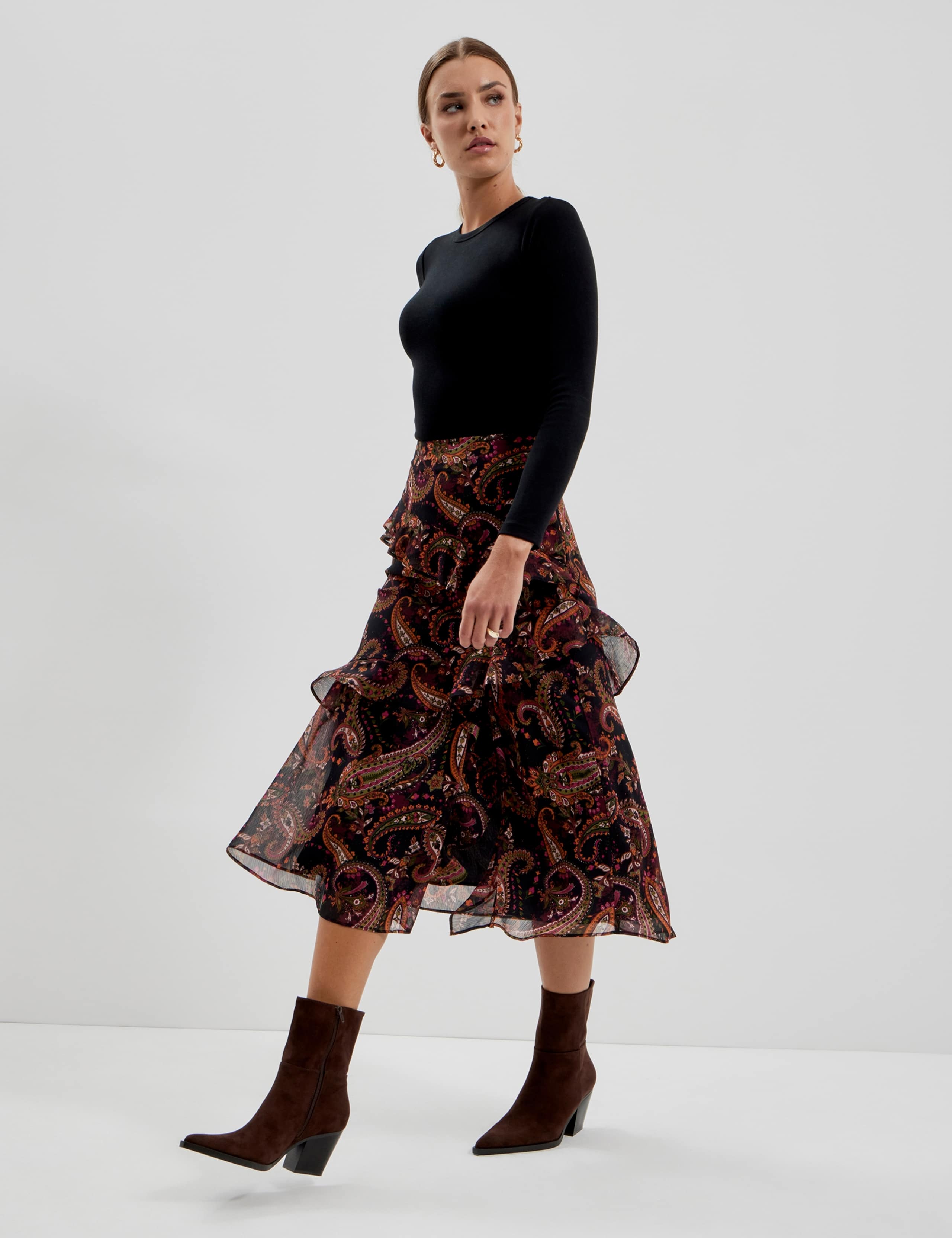 Chiffon Paisley Ruffle Midi Tiered Skirt 8 of 11