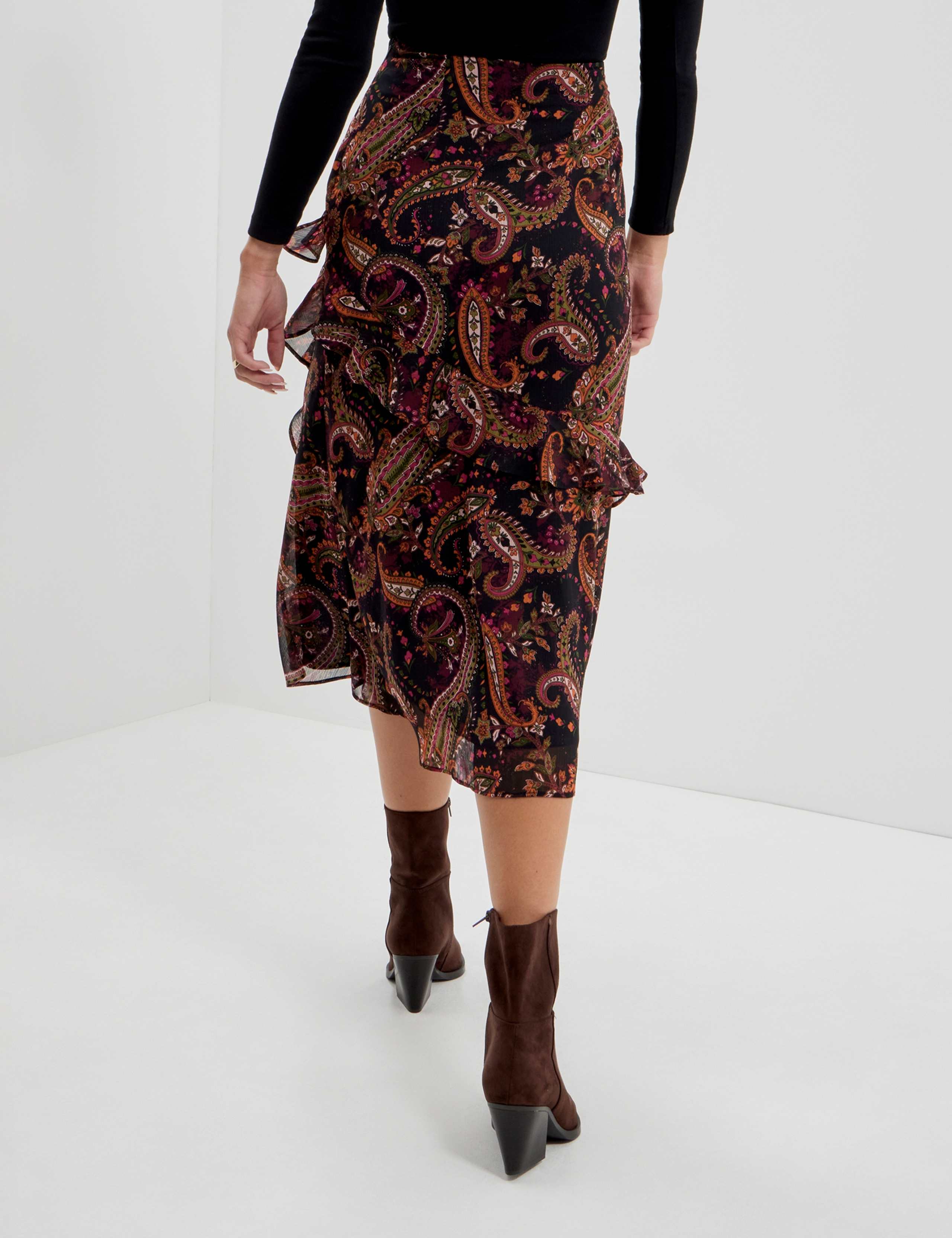 Chiffon Paisley Ruffle Midi Tiered Skirt 9 of 11