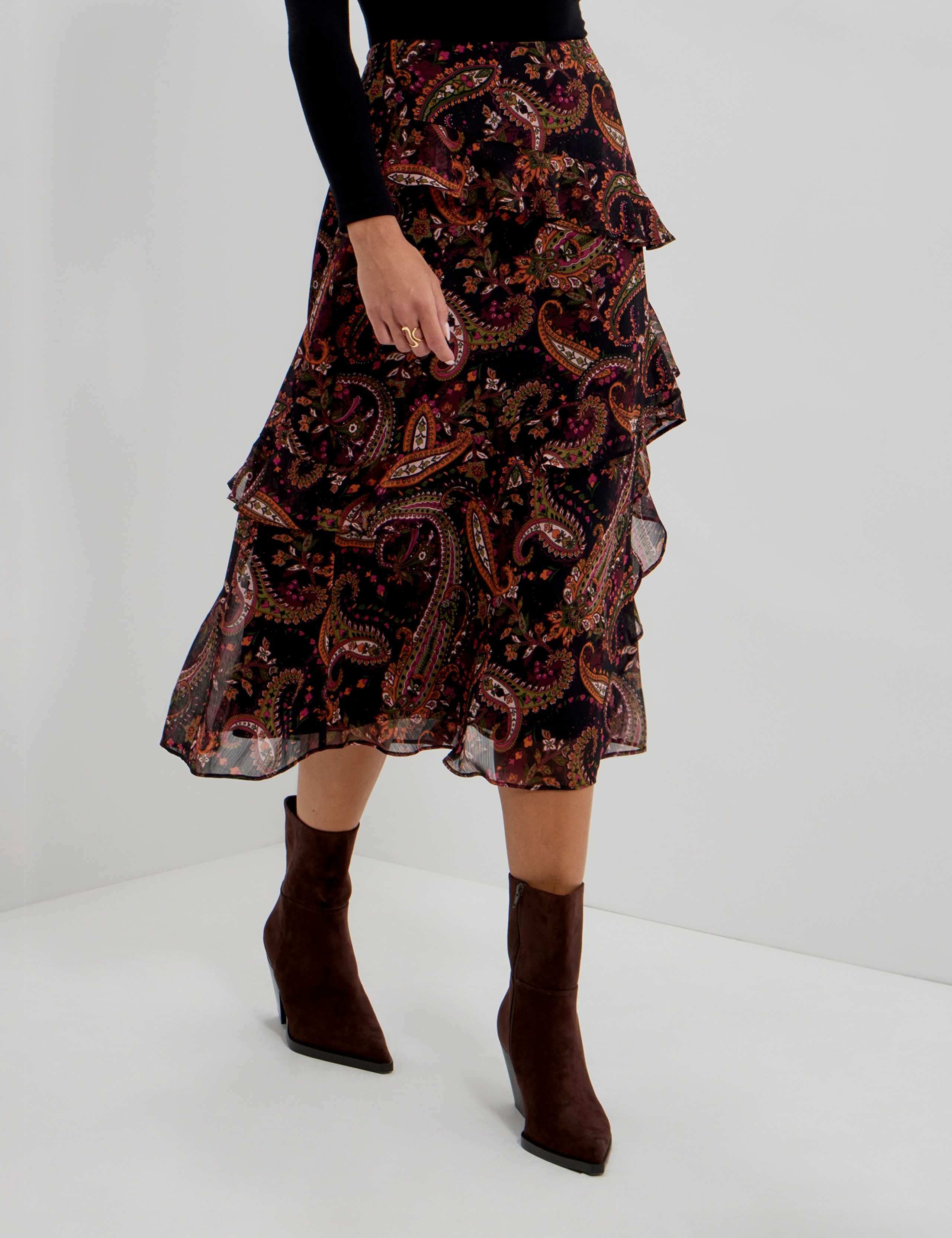 Chiffon Paisley Ruffle Midi Tiered Skirt 10 of 11