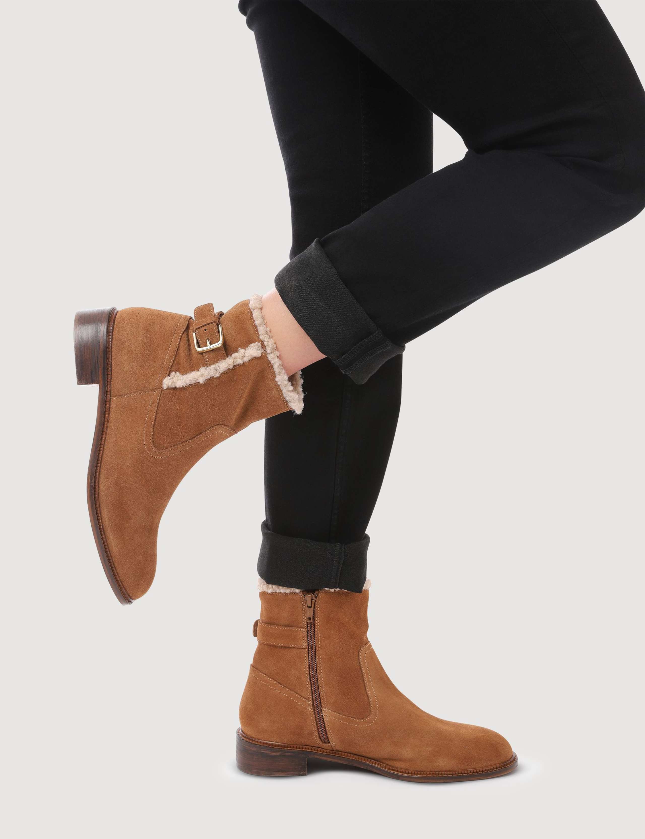 Leather Buckle Fleece Trim Ankle Boots 6 of 6