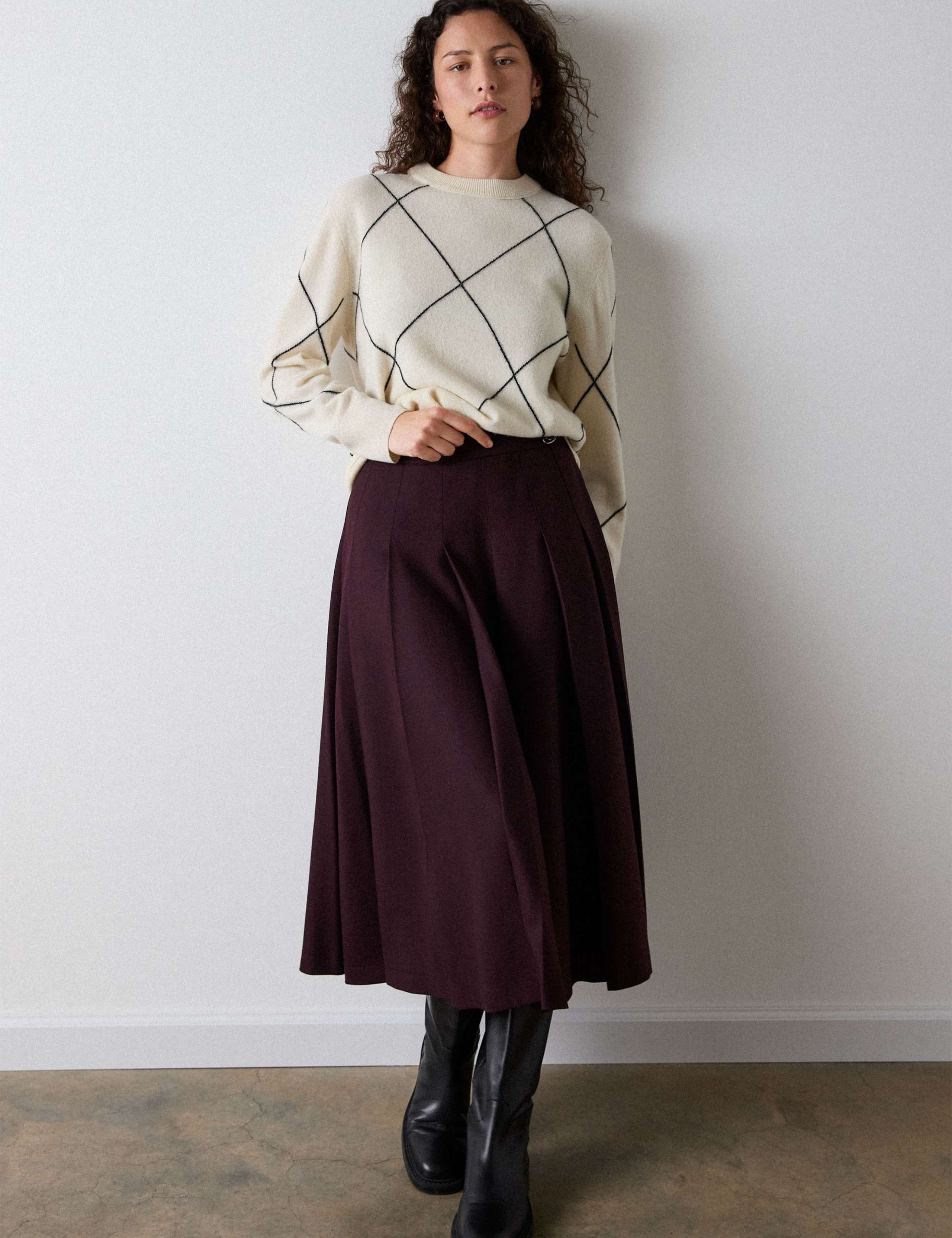 Wool Blend Pleated Midi A-Line Kilt Skirt 4 of 6