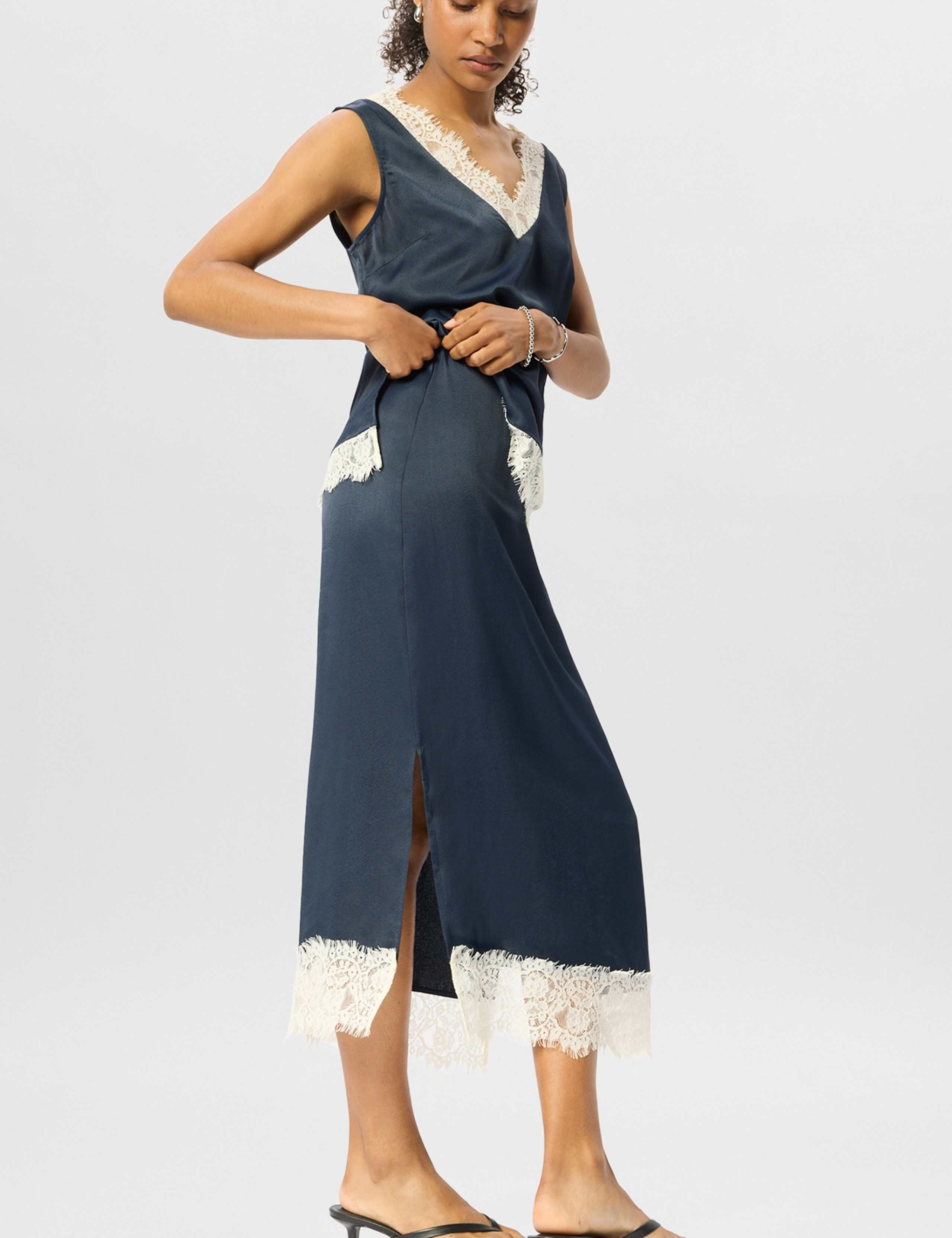 Satin Lace Detail Midi Slip Skirt 4 of 7