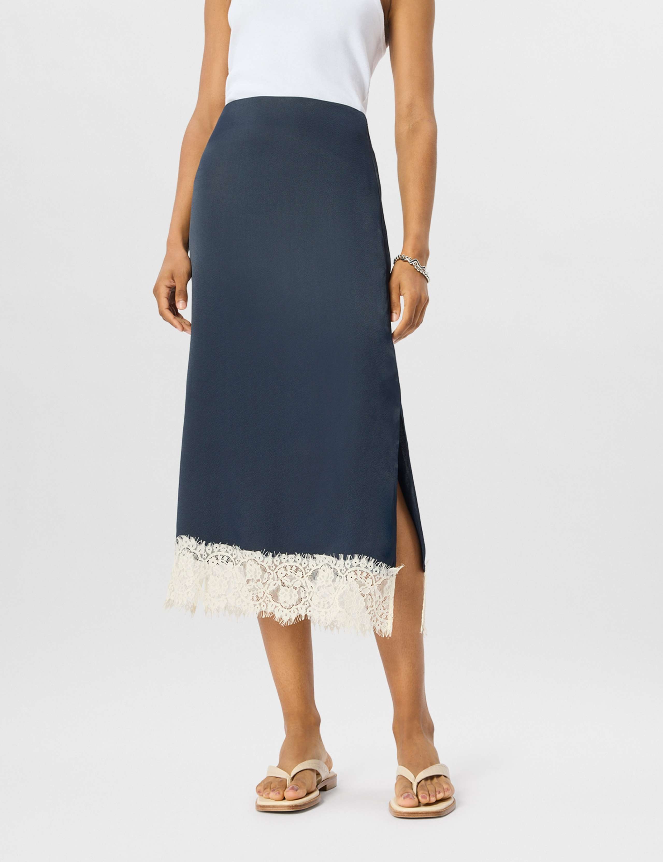 Satin Lace Detail Midi Slip Skirt 6 of 7