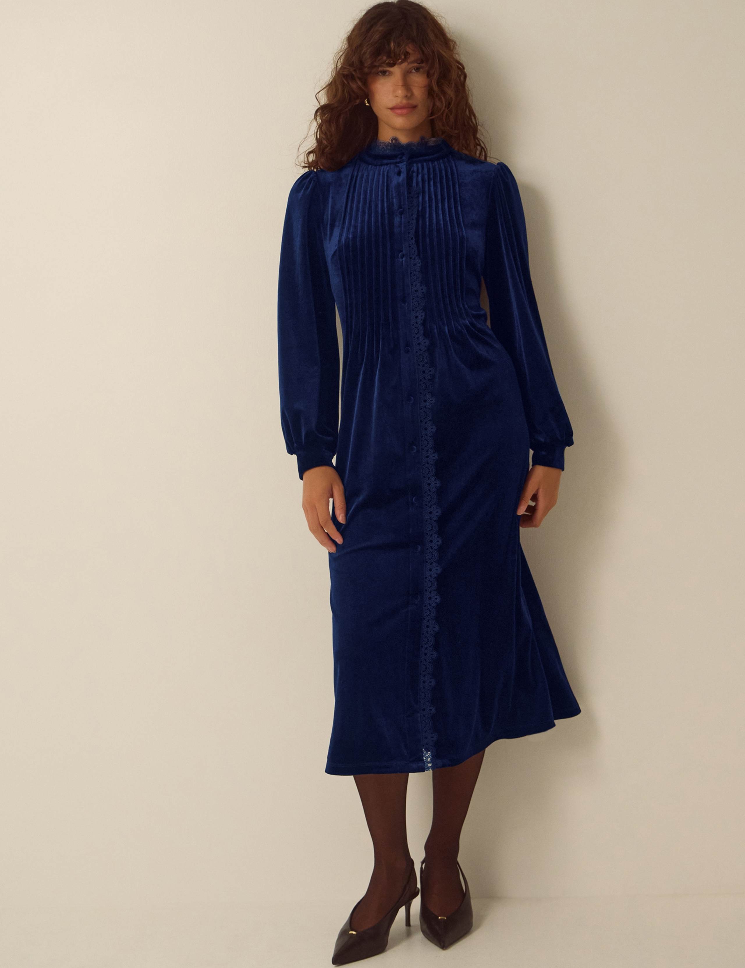 Velvet Pintuck High Neck Midi Dress 1 of 5