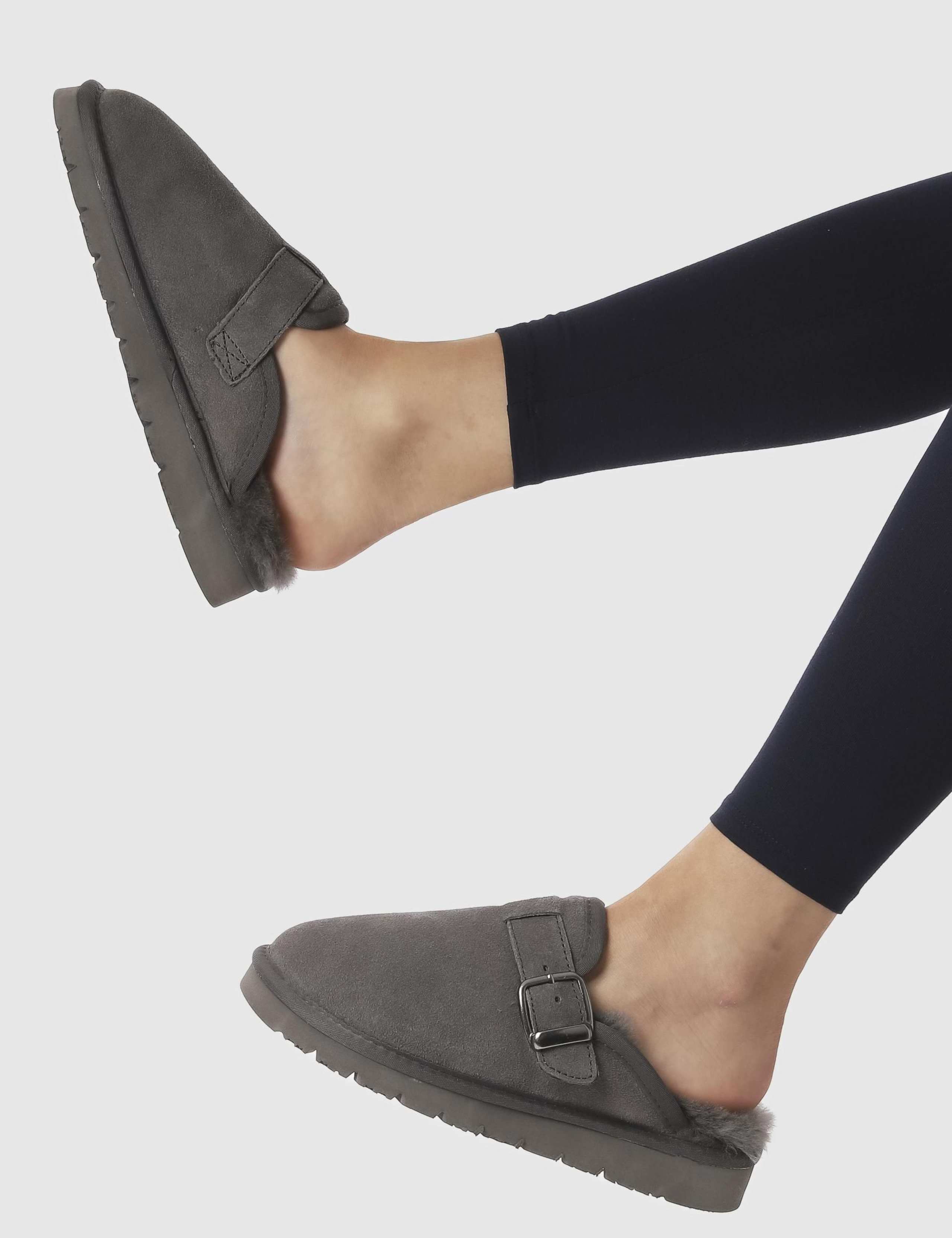 Suede Faux Fur Lined Round Toe Mule Slippers 1 of 6