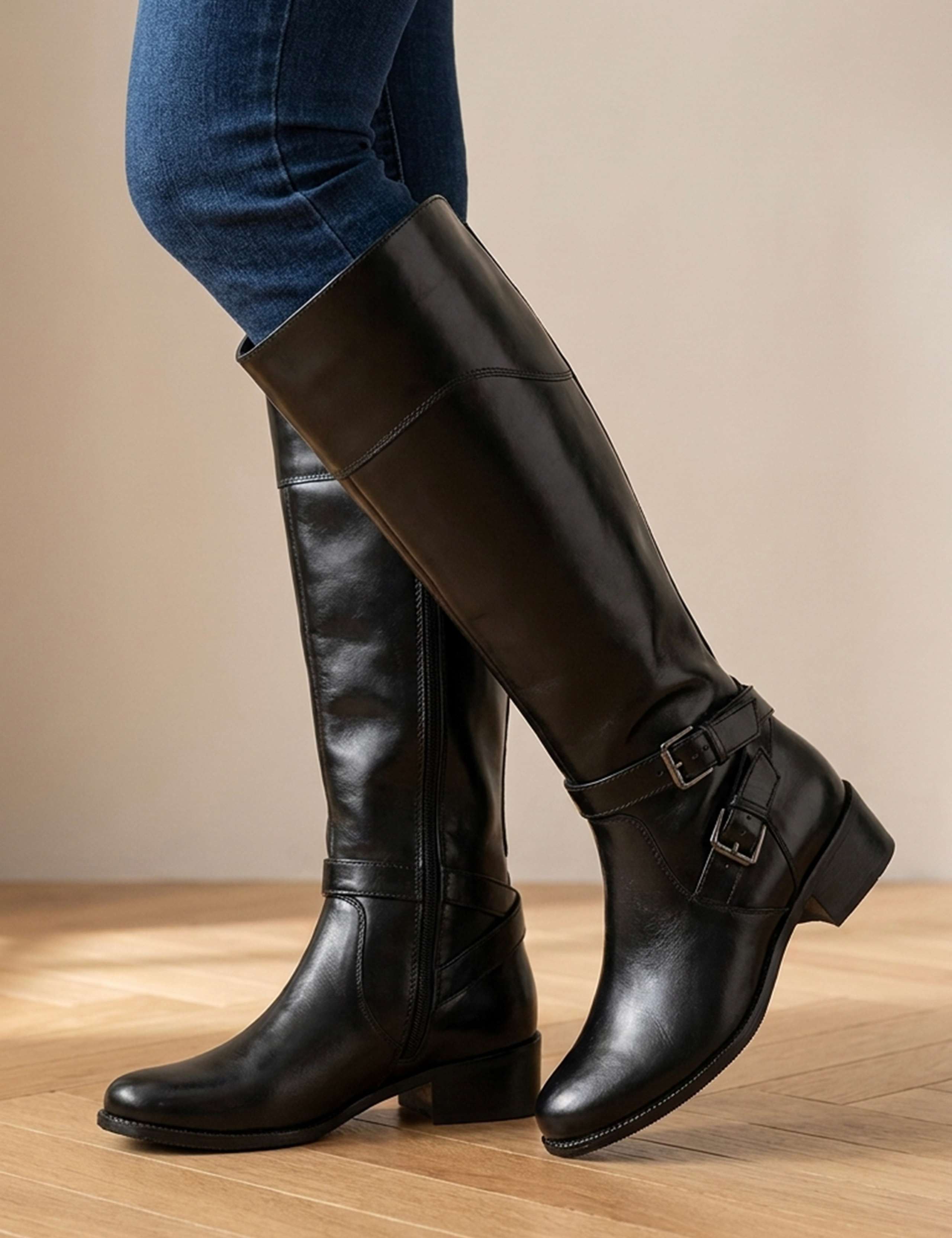 Leather Block Heel Knee High Boots 1 of 7