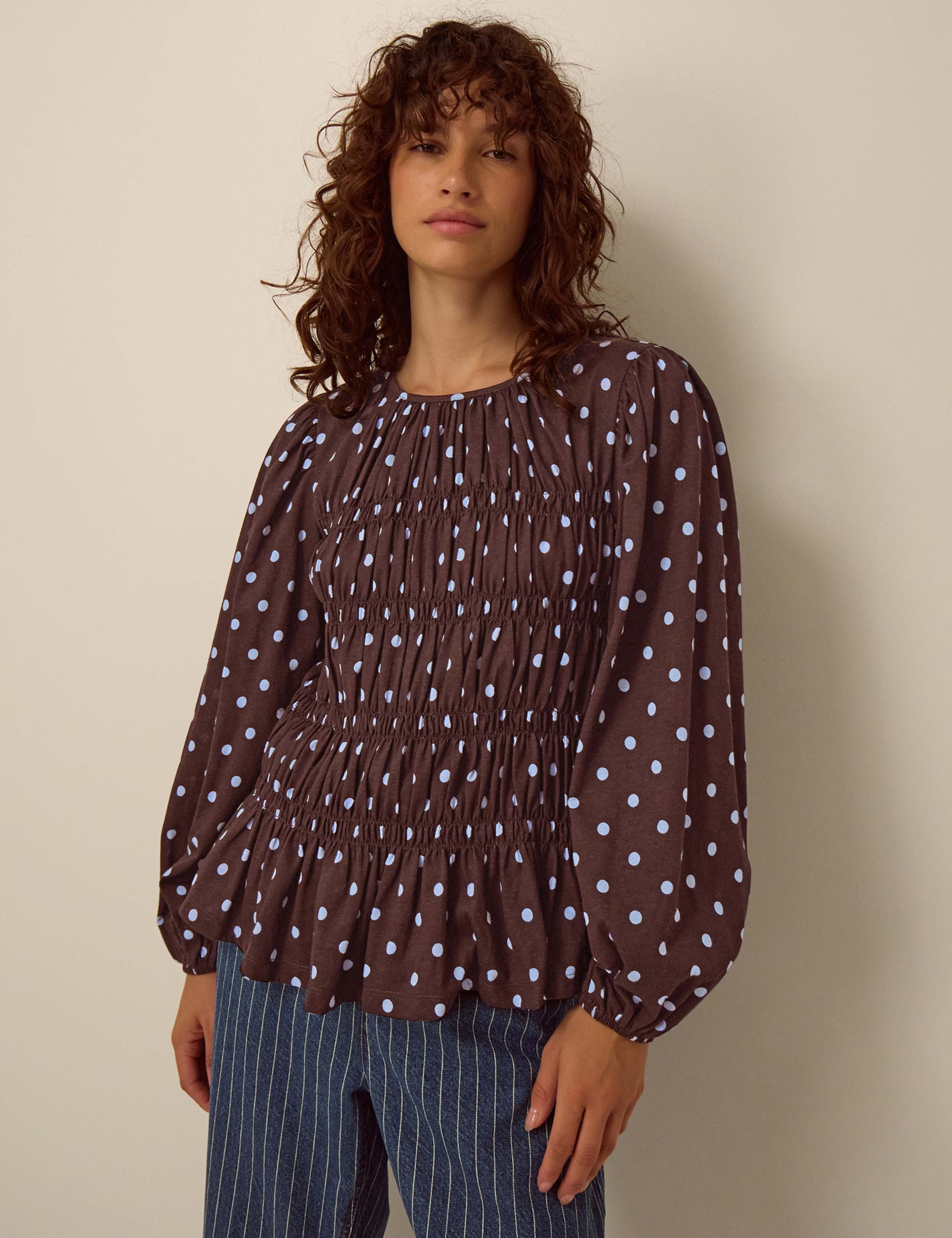 Cotton Rich Polka Dot Crew Neck Smocked Top 1 of 5