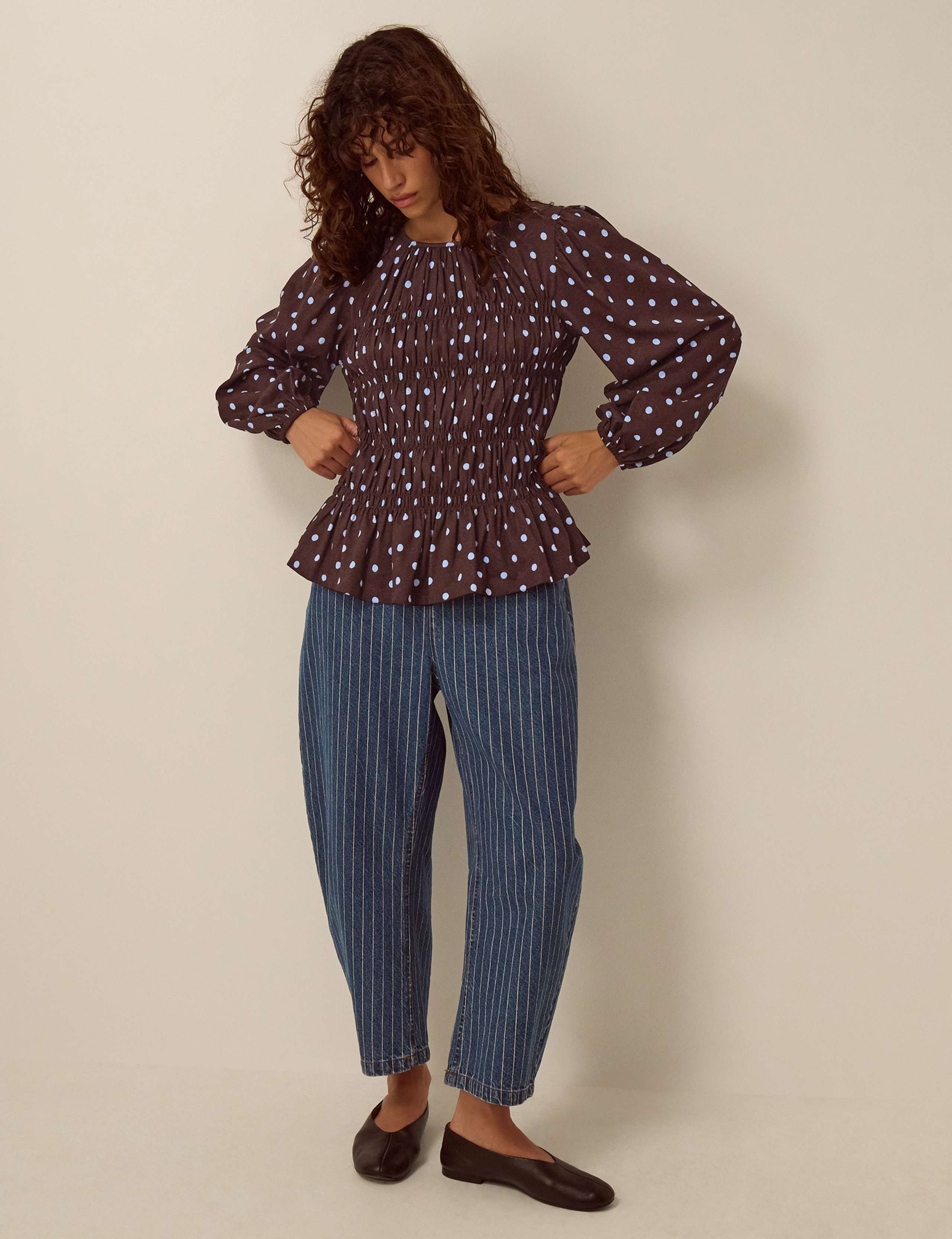 Cotton Rich Polka Dot Crew Neck Smocked Top 3 of 5