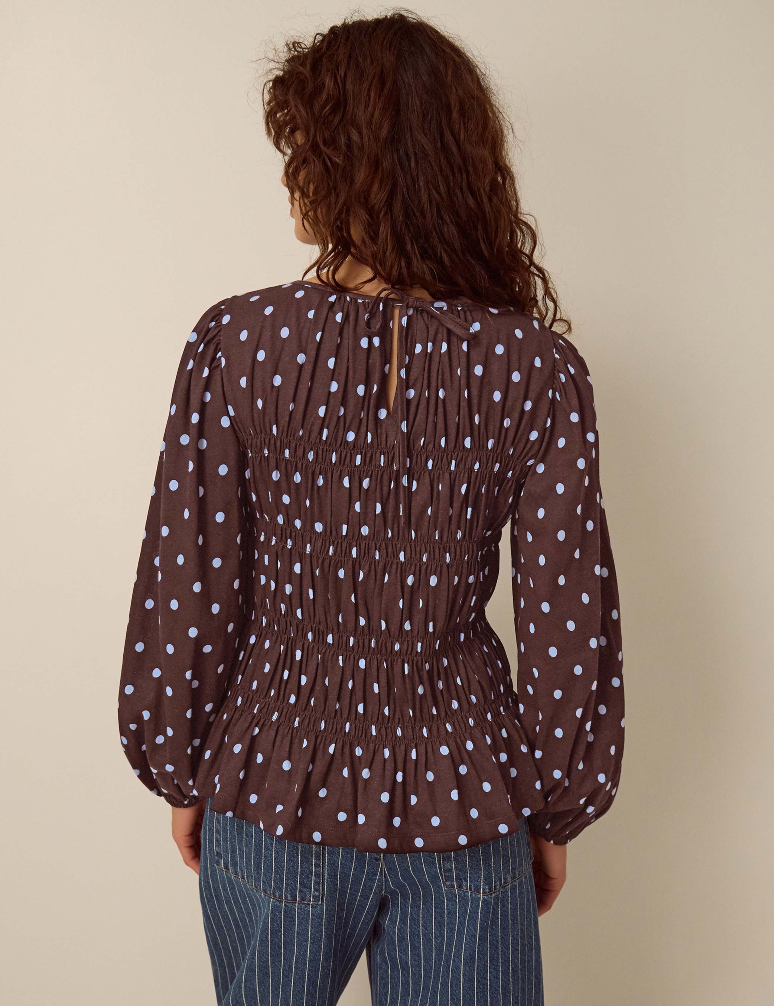 Cotton Rich Polka Dot Crew Neck Smocked Top 4 of 5
