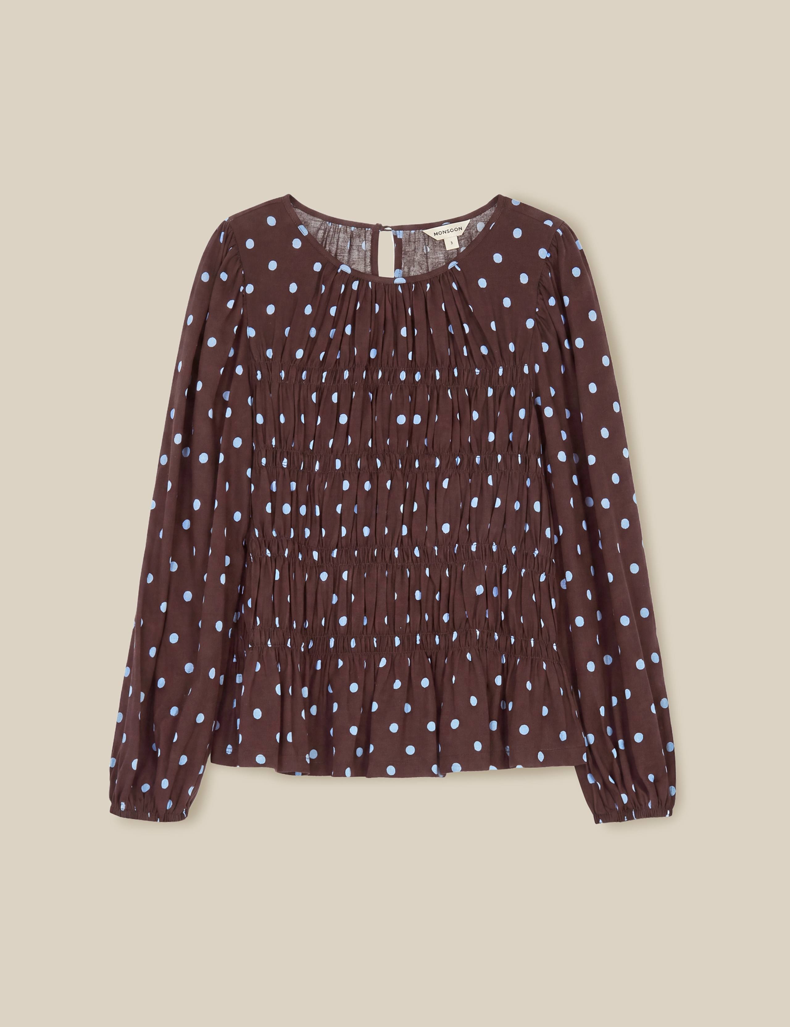 Cotton Rich Polka Dot Crew Neck Smocked Top 2 of 5