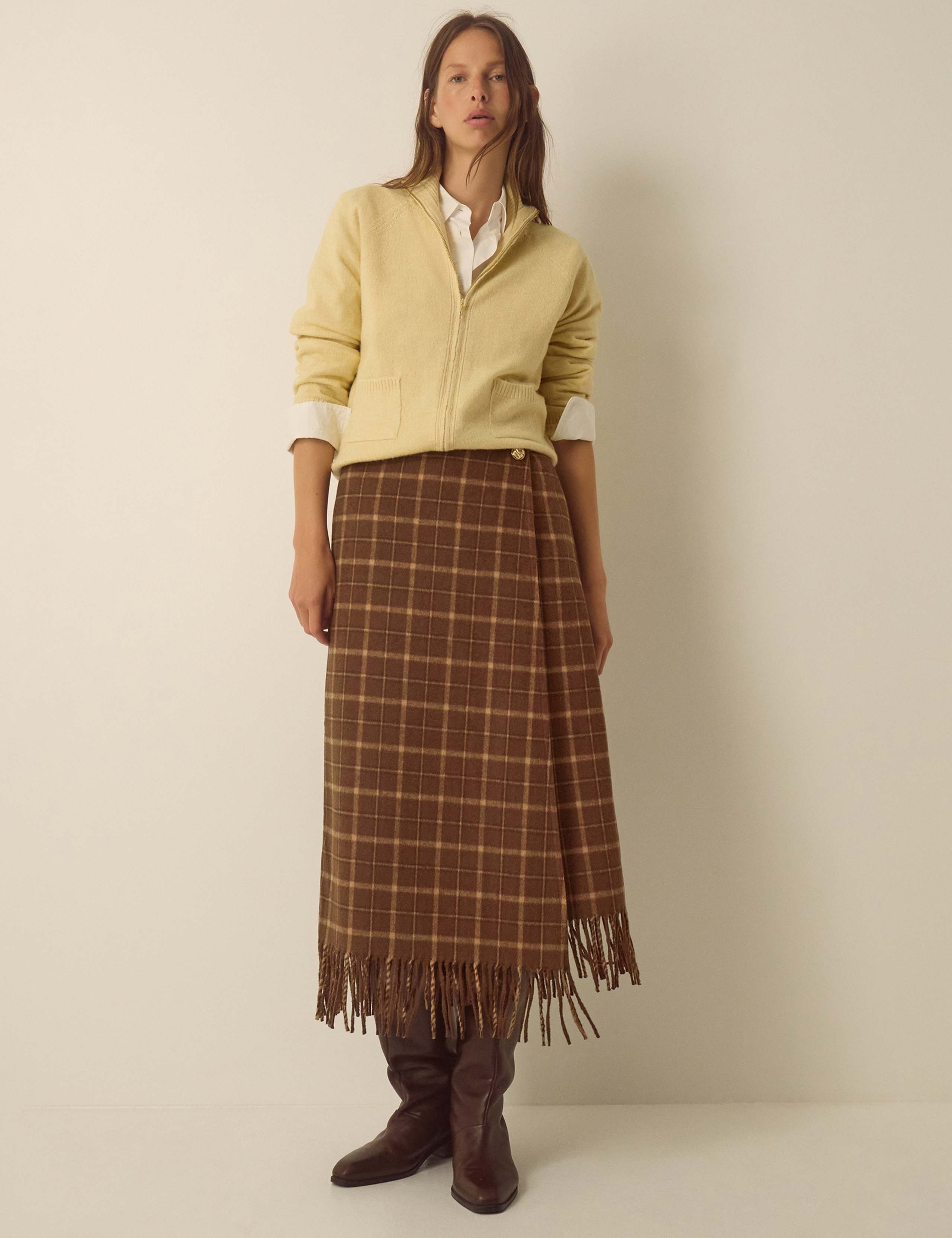 Wool Rich Checked Wrap Midi Skirt 3 of 4