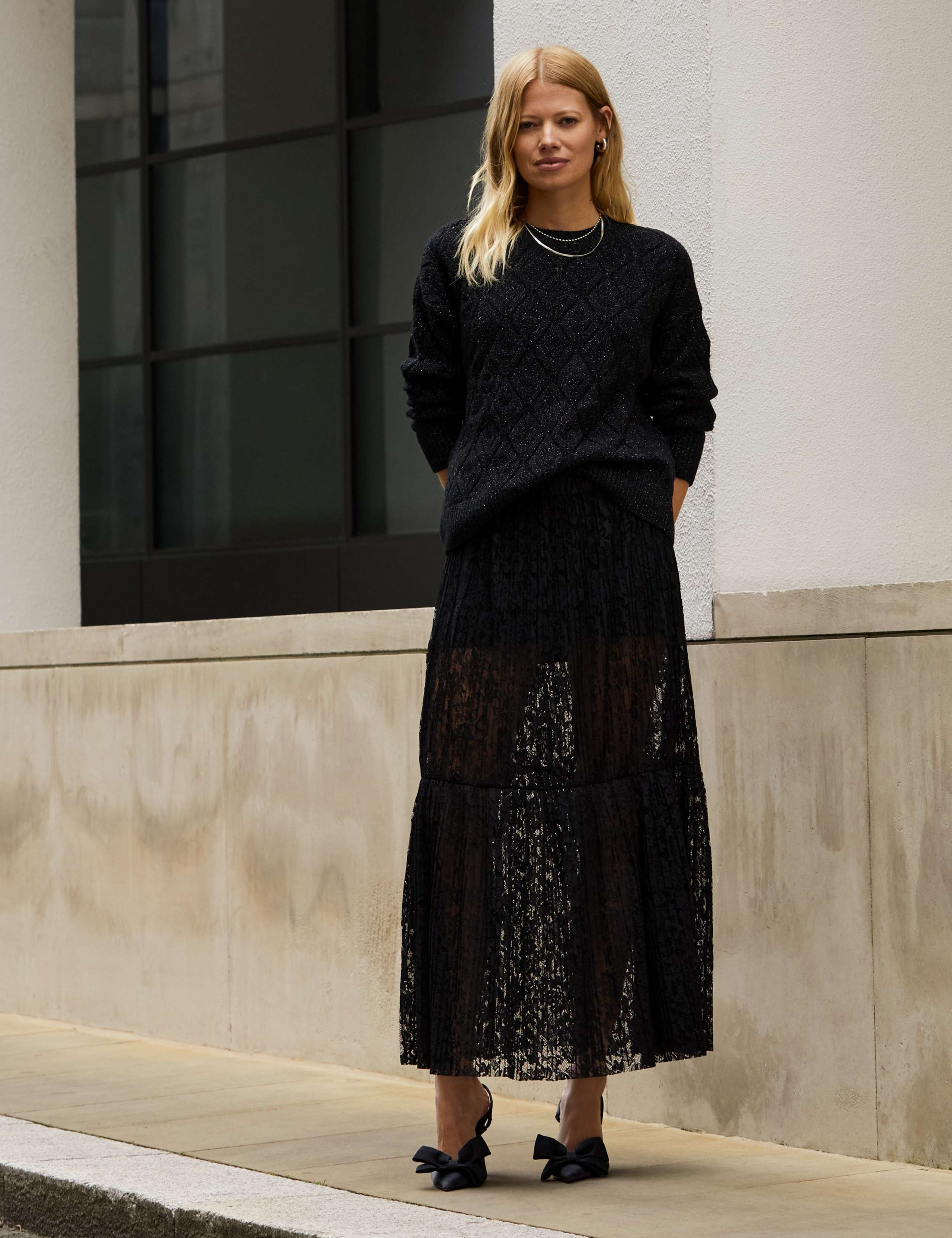 【I AM MARI】Tier H-line Banding Lace Skirt Scarlet Darkness Tiered Skirt Lace Hem Elastic Waist A-Line