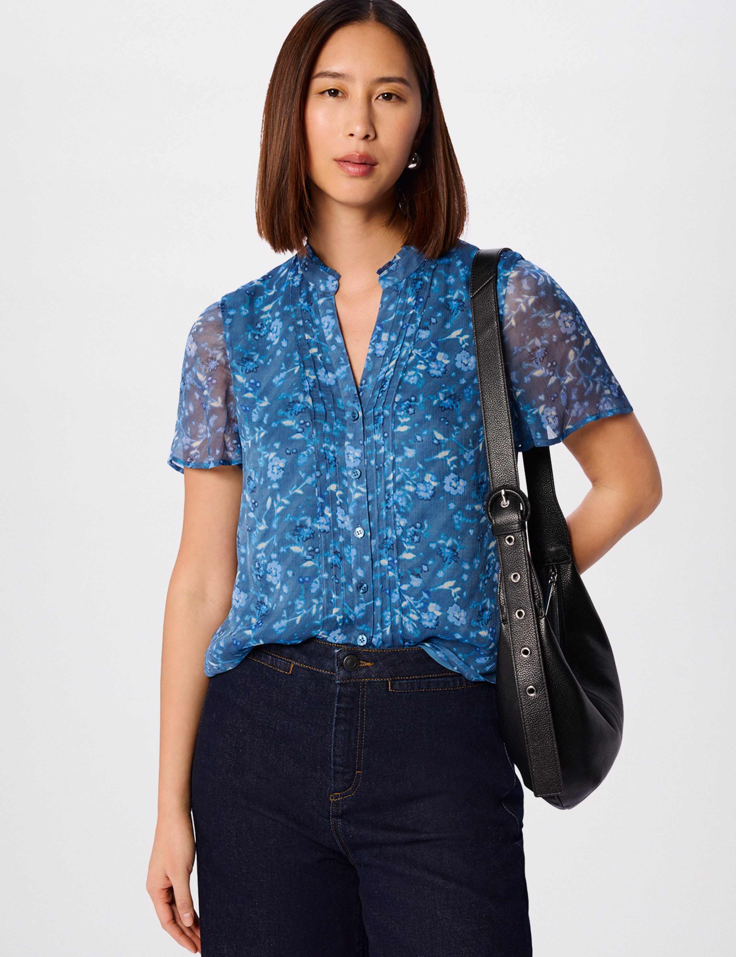 Floral Textured V-Neck Pintuck Blouse 1 of 6