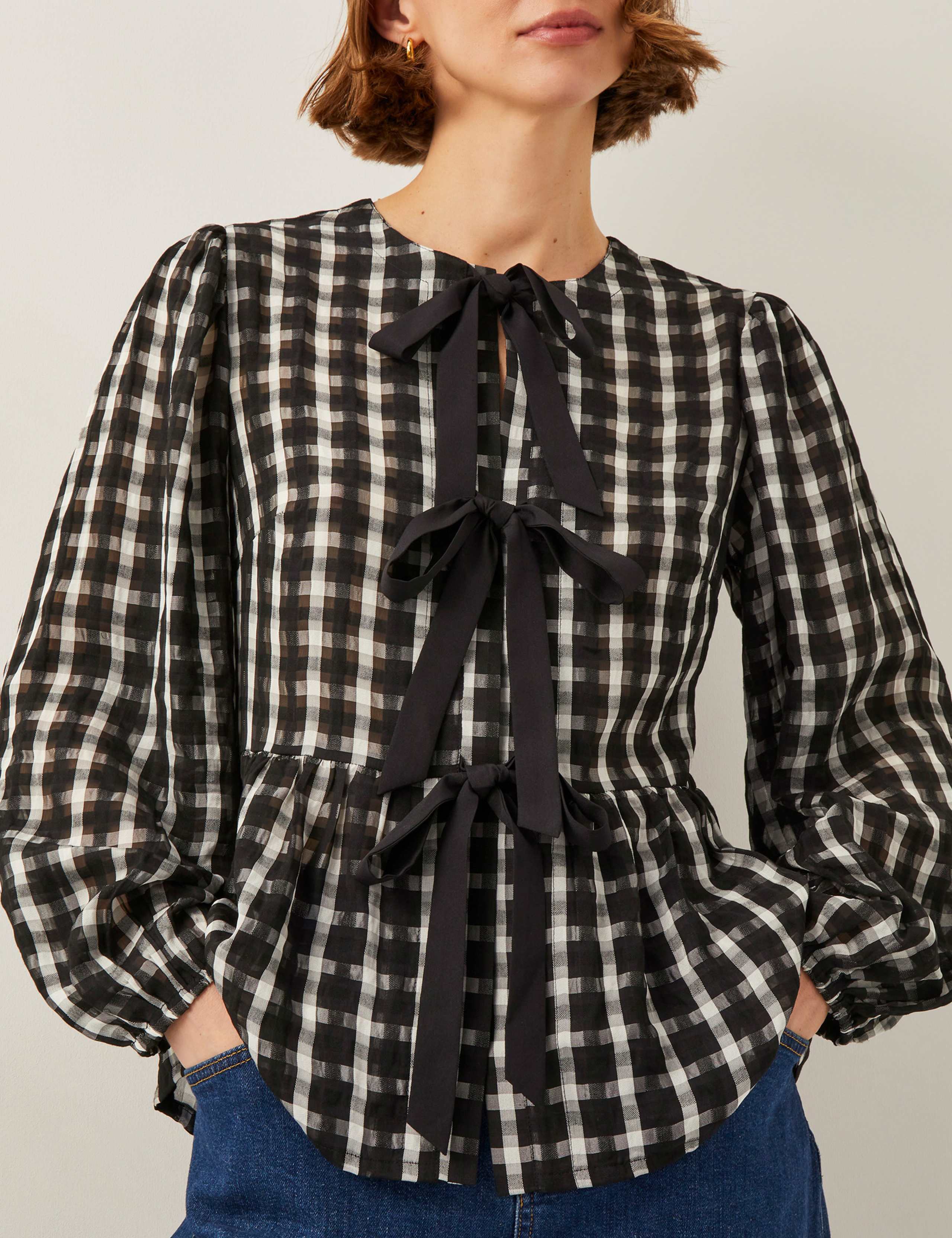 Checked Tie Front Peplum Blouse 2 of 4