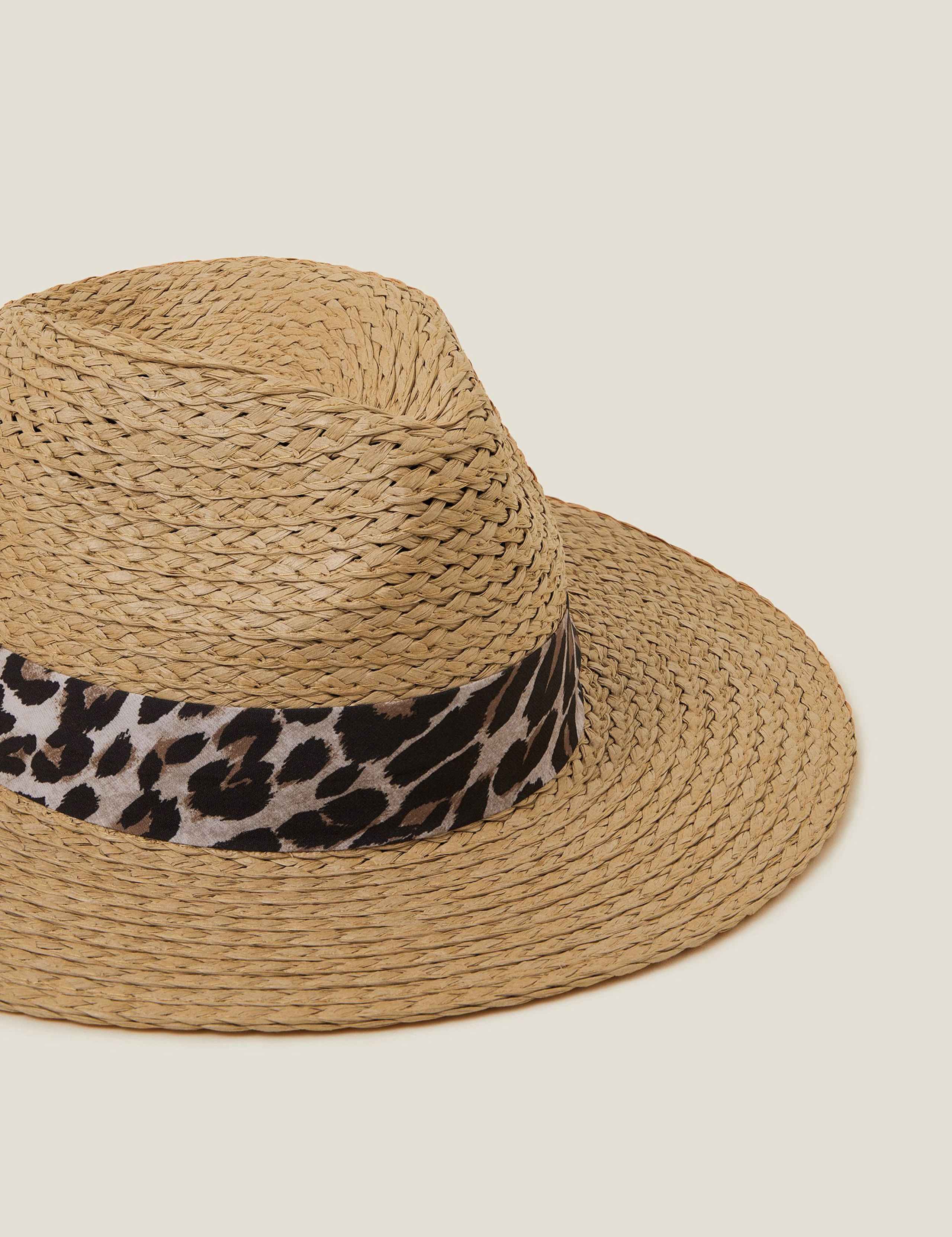 Woven Straw Leopard Trim Fedora Hat 3 of 3