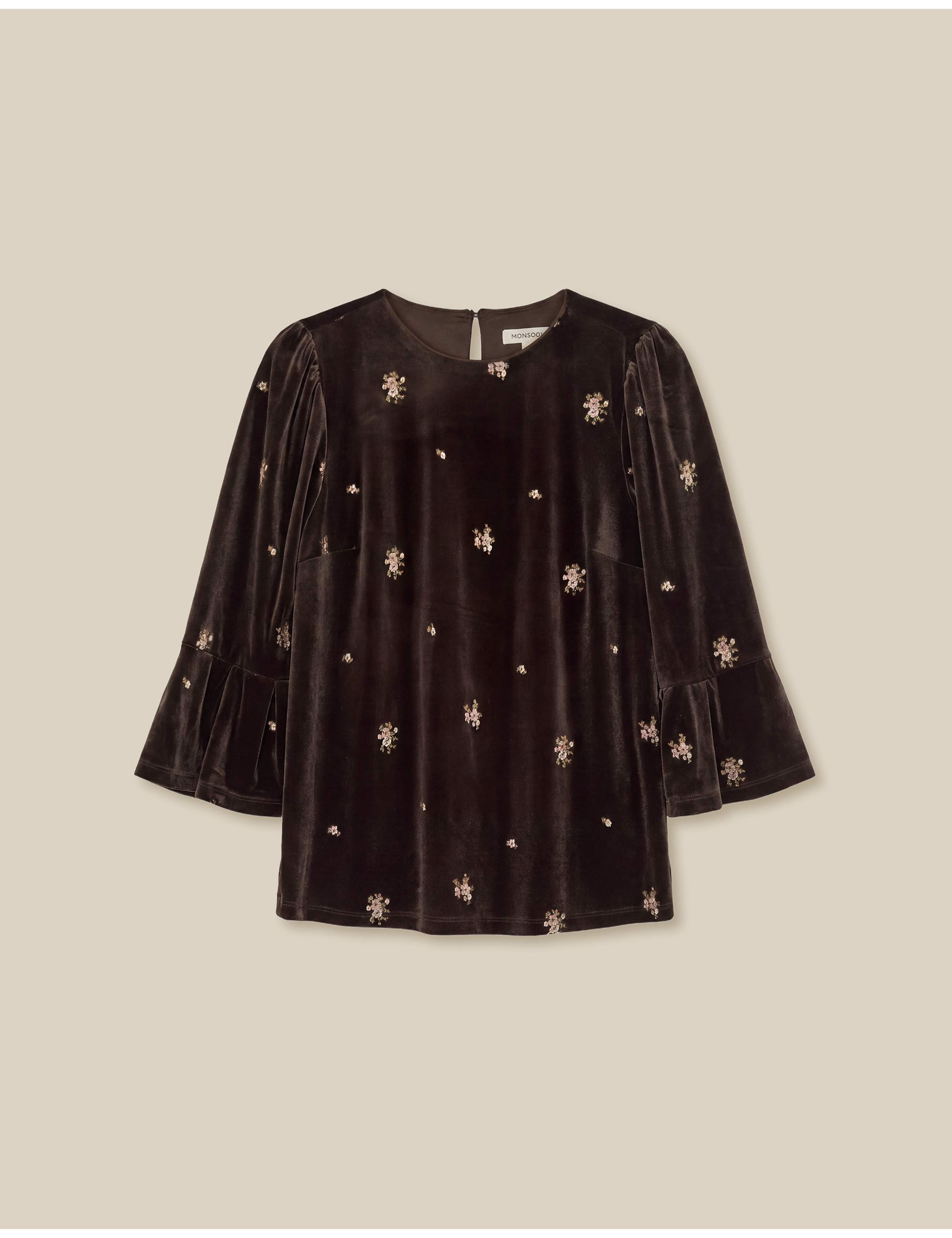Velvet Embroidered Crew Neck Blouse 2 of 6